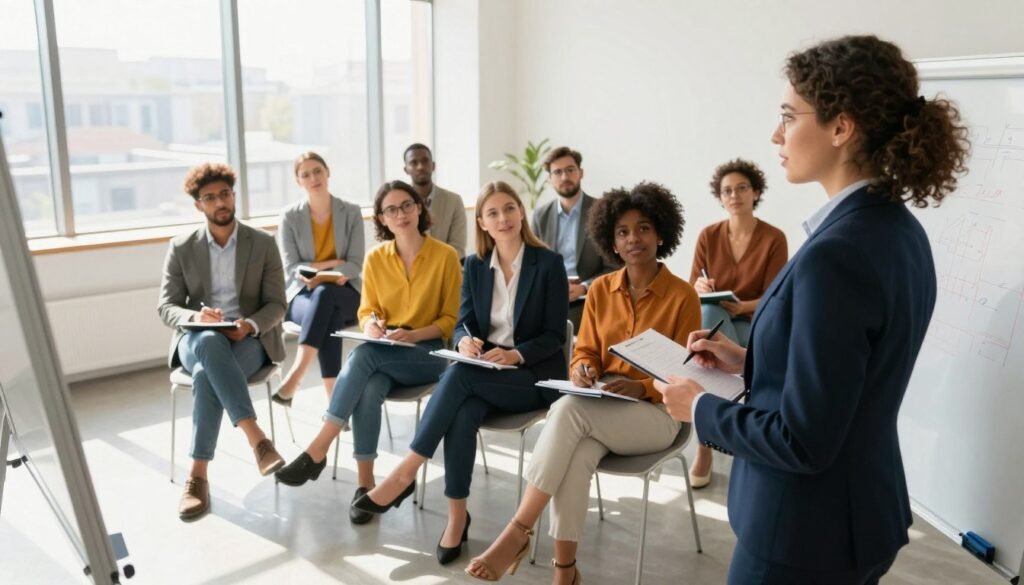 A professional business setting showcasing a diverse group of individuals engaged in a collaborative leadership workshop. In the foreground, a confident woman in a smart suit presents ideas on a whiteboard, while in the middle, a group of attentive participants, including men and women of various ethnicities, are taking notes and discussing among themselves. The background features a bright, modern conference room with large windows allowing natural light to flood in, enhancing the inspirational atmosphere. Soft shadows are cast across the room, creating a warm and inviting environment. The lens captures a slightly wide angle to include the vibrant colors of the participants' attire and the dynamic interaction among them, conveying a sense of teamwork, growth, and the pursuit of sustainable success in developing leadership skills. A professional business setting showcasing a diverse group of individuals engaged in a collaborative leadership workshop. In the foreground, a confident woman in a smart suit presents ideas on a whiteboard, while in the middle, a group of attentive participants, including men and women of various ethnicities, are taking notes and discussing among themselves. The background features a bright, modern conference room with large windows allowing natural light to flood in, enhancing the inspirational atmosphere. Soft shadows are cast across the room, creating a warm and inviting environment. The lens captures a slightly wide angle to include the vibrant colors of the participants' attire and the dynamic interaction among them, conveying a sense of teamwork, growth, and the pursuit of sustainable success in developing leadership skills.