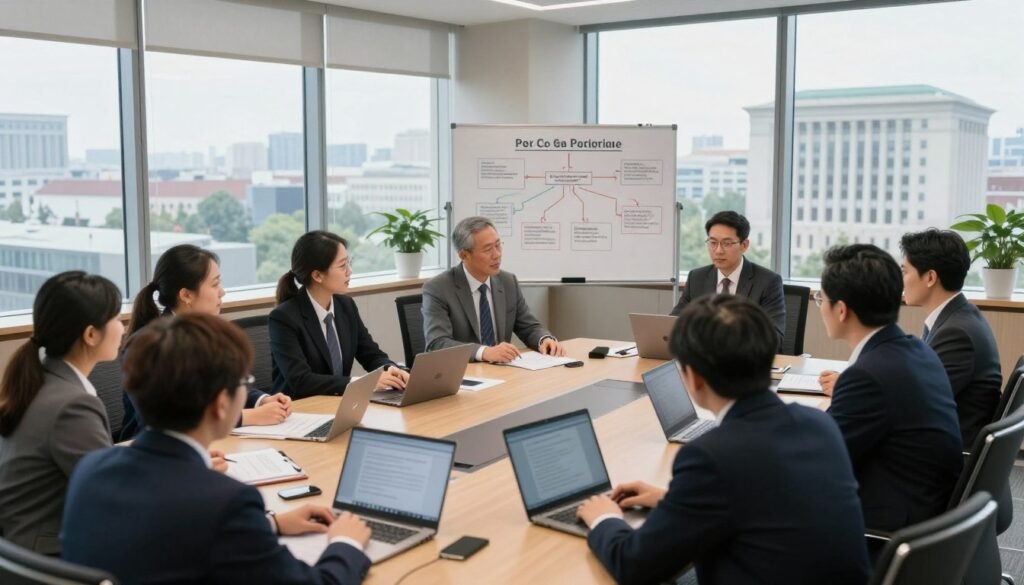 A professional government meeting scene set in a modern conference room. In the foreground, diverse individuals in business attire engaged in earnest discussion around a large table filled with documents and digital devices. The middle layer features a whiteboard with policy flowcharts and graphics illustrating governmental processes. In the background, large windows allow natural light to pour in, highlighting a cityscape and the silhouette of a government building. The atmosphere is focused and collaborative, emphasizing the importance of public administration in executing policies. The lighting is bright yet warm, creating a productive environment, captured from a slightly elevated angle to provide depth and context to the scene. A professional government meeting scene set in a modern conference room. In the foreground, diverse individuals in business attire engaged in earnest discussion around a large table filled with documents and digital devices. The middle layer features a whiteboard with policy flowcharts and graphics illustrating governmental processes. In the background, large windows allow natural light to pour in, highlighting a cityscape and the silhouette of a government building. The atmosphere is focused and collaborative, emphasizing the importance of public administration in executing policies. The lighting is bright yet warm, creating a productive environment, captured from a slightly elevated angle to provide depth and context to the scene.