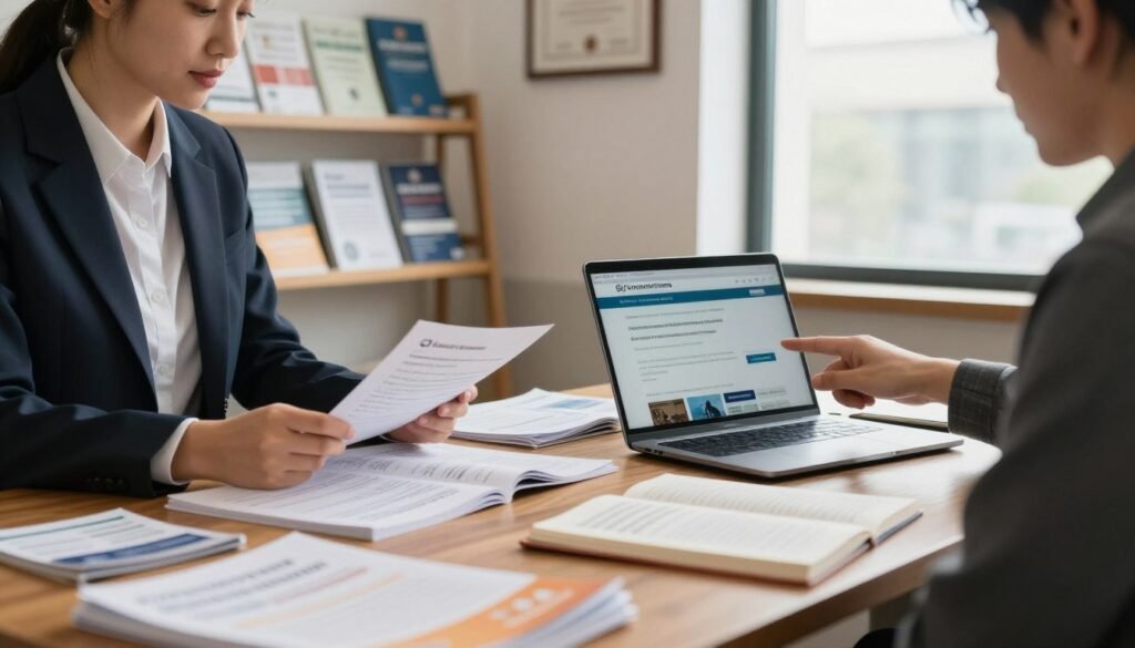A professional office setting filled with various government resource materials. In the foreground, a polished wooden desk is cluttered with open books, brochures, and a modern laptop displaying a government website. To the left, a confident individual in business attire is reviewing a document, while another person is pointing at the laptop screen. In the middle background, a wall-mounted shelf showcases neatly arranged pamphlets and framed certificates. Soft, diffused natural light filters through a large window, creating a warm and inviting atmosphere. The focus is on the exchange of information and collaboration, with a sense of professionalism and accessibility for citizens seeking government resources. The camera angle is slightly elevated, capturing the interaction clearly without any distractions. A professional office setting filled with various government resource materials. In the foreground, a polished wooden desk is cluttered with open books, brochures, and a modern laptop displaying a government website. To the left, a confident individual in business attire is reviewing a document, while another person is pointing at the laptop screen. In the middle background, a wall-mounted shelf showcases neatly arranged pamphlets and framed certificates. Soft, diffused natural light filters through a large window, creating a warm and inviting atmosphere. The focus is on the exchange of information and collaboration, with a sense of professionalism and accessibility for citizens seeking government resources. The camera angle is slightly elevated, capturing the interaction clearly without any distractions.