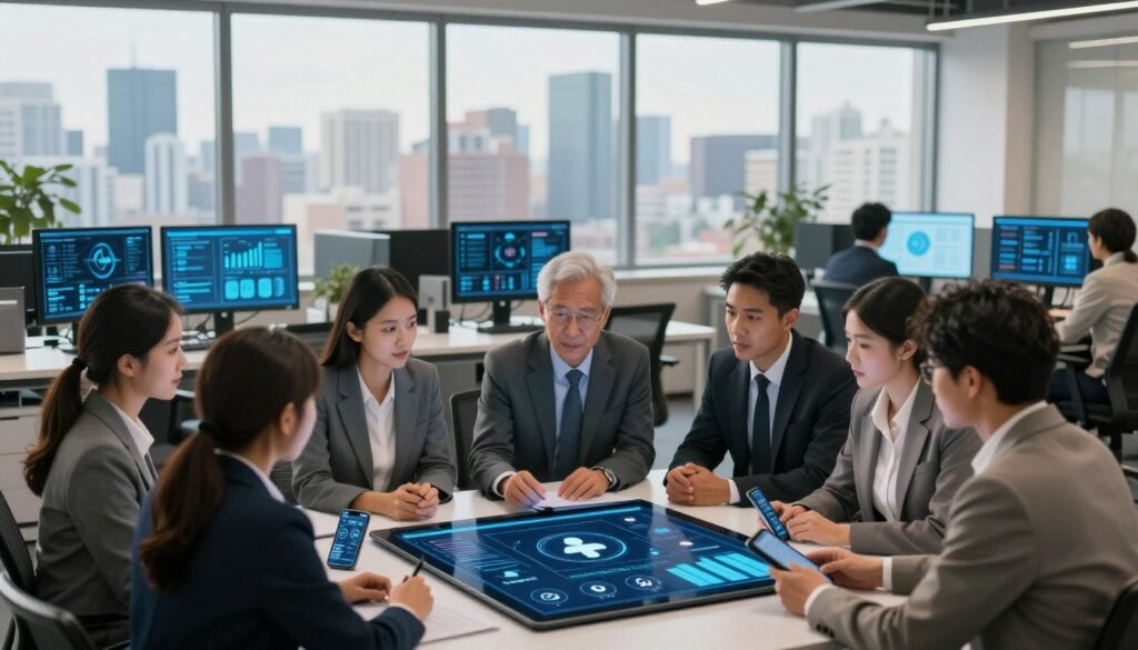 A professional office setting showcasing the importance of digital transformation in community services. In the foreground, a diverse group of professionals in business attire are engaged in a collaborative discussion around a large digital tablet displaying digital graphs and community service icons. The middle layer highlights a sleek, modern workspace filled with technology like computers, smartphones, and digital dashboards, symbolizing innovation. In the background, large windows reveal a city skyline, suggesting a thriving community supported by digital solutions. Soft, warm lighting enhances the atmosphere of collaboration and forward-thinking, while a subtle focus on the professionals conveys a sense of empowerment and optimism regarding digital transformation's role in enhancing community services. A professional office setting showcasing the importance of digital transformation in community services. In the foreground, a diverse group of professionals in business attire are engaged in a collaborative discussion around a large digital tablet displaying digital graphs and community service icons. The middle layer highlights a sleek, modern workspace filled with technology like computers, smartphones, and digital dashboards, symbolizing innovation. In the background, large windows reveal a city skyline, suggesting a thriving community supported by digital solutions. Soft, warm lighting enhances the atmosphere of collaboration and forward-thinking, while a subtle focus on the professionals conveys a sense of empowerment and optimism regarding digital transformation's role in enhancing community services.
