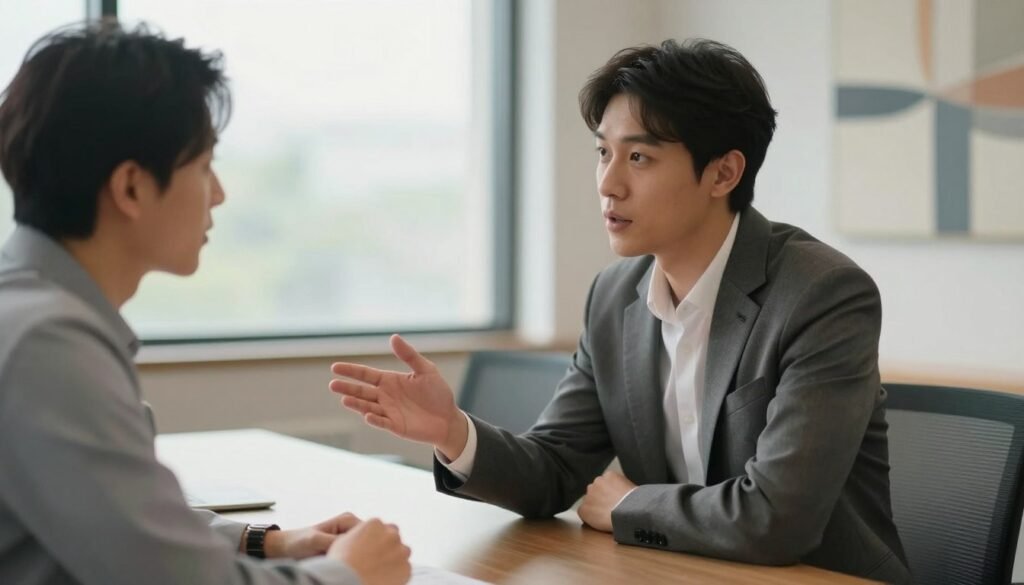 A professional office setting, where two individuals are engaged in a thoughtful conversation, illustrating the concept of adapting communication styles. In the foreground, a man in a tailored suit gestures with an open hand, showing openness, while a woman in a smart blouse leans slightly forward, listening intently, conveying engagement. The middle ground features a sleek conference table and a large window allowing soft, diffused natural light to fill the room, creating a warm and inviting atmosphere. The background includes abstract art on the walls, which enhances the professional ambiance. The image should evoke a sense of collaboration and understanding, highlighting the importance of effective communication in building relationships. Use a shallow depth of field to focus on the subjects, with a soft bokeh effect in the background. A professional office setting, where two individuals are engaged in a thoughtful conversation, illustrating the concept of adapting communication styles. In the foreground, a man in a tailored suit gestures with an open hand, showing openness, while a woman in a smart blouse leans slightly forward, listening intently, conveying engagement. The middle ground features a sleek conference table and a large window allowing soft, diffused natural light to fill the room, creating a warm and inviting atmosphere. The background includes abstract art on the walls, which enhances the professional ambiance. The image should evoke a sense of collaboration and understanding, highlighting the importance of effective communication in building relationships. Use a shallow depth of field to focus on the subjects, with a soft bokeh effect in the background.