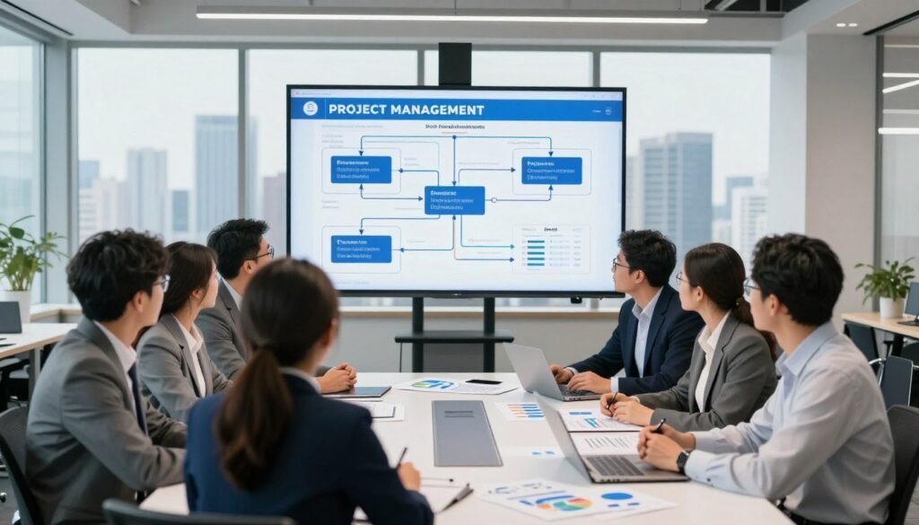 A professional scene depicting the challenges and solutions in project management. In the foreground, a diverse group of business professionals, men and women, are engaged in a discussion, dressed in smart business attire. They are gathered around a modern conference table covered with charts and graphs representing project timelines and metrics. In the middle ground, a large digital screen displays a visual flowchart illustrating challenges and innovative solutions. The background features a bright, open office space with large windows showing a city skyline, symbolizing growth and opportunity. The lighting is bright and uplifting, conveying a mood of collaboration and determination. Use a wide-angle lens to create an inviting perspective and enhance the dynamic atmosphere of teamwork and problem-solving. A professional scene depicting the challenges and solutions in project management. In the foreground, a diverse group of business professionals, men and women, are engaged in a discussion, dressed in smart business attire. They are gathered around a modern conference table covered with charts and graphs representing project timelines and metrics. In the middle ground, a large digital screen displays a visual flowchart illustrating challenges and innovative solutions. The background features a bright, open office space with large windows showing a city skyline, symbolizing growth and opportunity. The lighting is bright and uplifting, conveying a mood of collaboration and determination. Use a wide-angle lens to create an inviting perspective and enhance the dynamic atmosphere of teamwork and problem-solving.