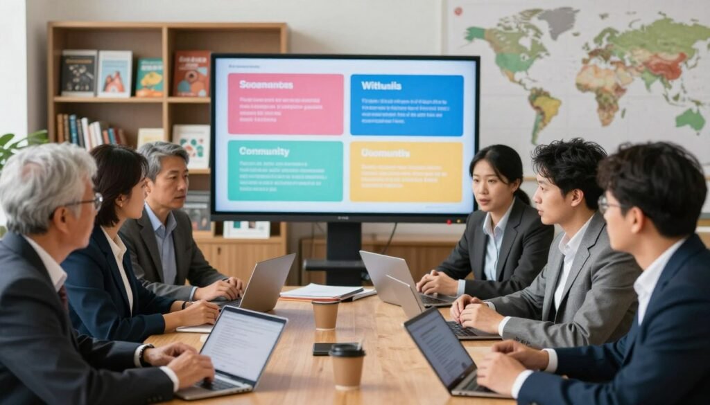 A professional setting filled with the essence of media influence and educational impact. In the foreground, a diverse group of individuals of varying ages and ethnicities, dressed in professional business attire, engaged in a dynamic discussion around media devices like tablets and laptops. The middle ground features a large, interactive digital screen displaying vibrant infographics related to social awareness and community issues. In the background, bookshelves filled with educational materials and a world map symbolizing global awareness. Soft, natural lighting creates an inviting atmosphere, with a slight focus blur on the background to emphasize the participants in the foreground. The scene conveys a mood of collaboration, inspiration, and proactive engagement in society. A professional setting filled with the essence of media influence and educational impact. In the foreground, a diverse group of individuals of varying ages and ethnicities, dressed in professional business attire, engaged in a dynamic discussion around media devices like tablets and laptops. The middle ground features a large, interactive digital screen displaying vibrant infographics related to social awareness and community issues. In the background, bookshelves filled with educational materials and a world map symbolizing global awareness. Soft, natural lighting creates an inviting atmosphere, with a slight focus blur on the background to emphasize the participants in the foreground. The scene conveys a mood of collaboration, inspiration, and proactive engagement in society.