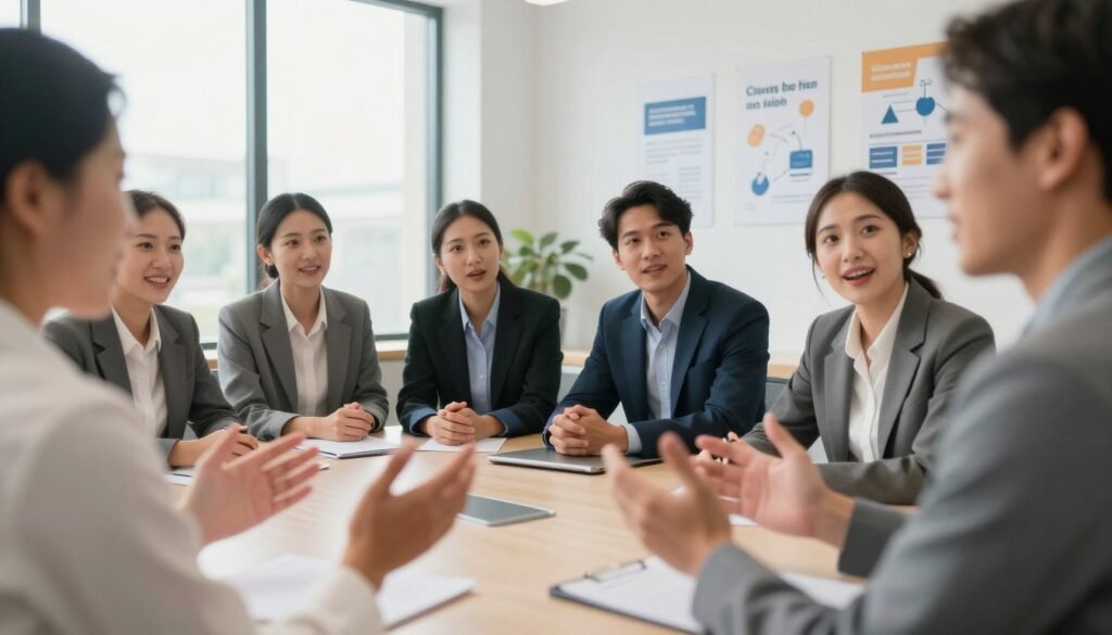 A professional setting where two individuals, a diverse group of men and women, engage in a dynamic conversation at a round table. In the foreground, a close-up of hands gesturing animatedly, conveying engagement and active listening. In the middle, the participants display a range of expressions like curiosity and enthusiasm, dressed in smart business attire. The background features a modern office environment with large windows allowing soft, natural light to flood in, creating an inviting and warm atmosphere. The room is adorned with motivational posters related to effective communication skills, enhancing the theme. The composition is captured from a slightly elevated angle, emphasizing the interaction and connection between the individuals, while ensuring a positive and collaborative mood prevails throughout the scene. A professional setting where two individuals, a diverse group of men and women, engage in a dynamic conversation at a round table. In the foreground, a close-up of hands gesturing animatedly, conveying engagement and active listening. In the middle, the participants display a range of expressions like curiosity and enthusiasm, dressed in smart business attire. The background features a modern office environment with large windows allowing soft, natural light to flood in, creating an inviting and warm atmosphere. The room is adorned with motivational posters related to effective communication skills, enhancing the theme. The composition is captured from a slightly elevated angle, emphasizing the interaction and connection between the individuals, while ensuring a positive and collaborative mood prevails throughout the scene.
