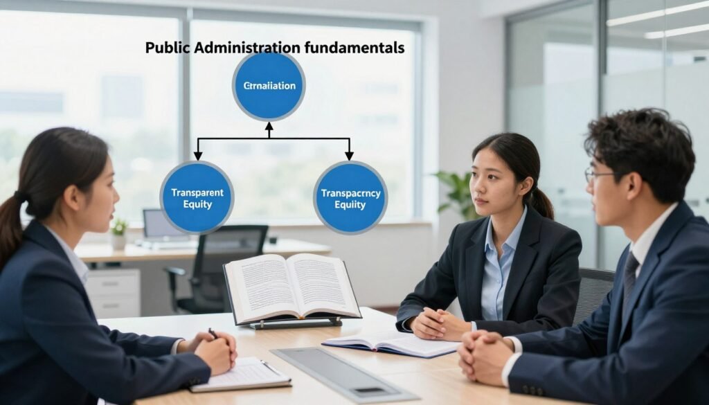 A professional workspace illustrating the core principles of public administration fundamentals. In the foreground, a diverse group of three individuals dressed in smart business attire, engaged in a collaborative discussion around a modern conference table. In the middle ground, visual representations of key concepts: a flowing chart depicting organization, transparency, and equity, along with open books showcasing policy frameworks. In the background, a bright, airy office space with large windows allowing natural light to filter in, illuminating the surroundings. The atmosphere is dynamic and focused, highlighting teamwork and professionalism. The angle is slightly elevated, capturing both the participants and the informative elements effectively, while ensuring clarity and vibrancy in color. A professional workspace illustrating the core principles of public administration fundamentals. In the foreground, a diverse group of three individuals dressed in smart business attire, engaged in a collaborative discussion around a modern conference table. In the middle ground, visual representations of key concepts: a flowing chart depicting organization, transparency, and equity, along with open books showcasing policy frameworks. In the background, a bright, airy office space with large windows allowing natural light to filter in, illuminating the surroundings. The atmosphere is dynamic and focused, highlighting teamwork and professionalism. The angle is slightly elevated, capturing both the participants and the informative elements effectively, while ensuring clarity and vibrancy in color.