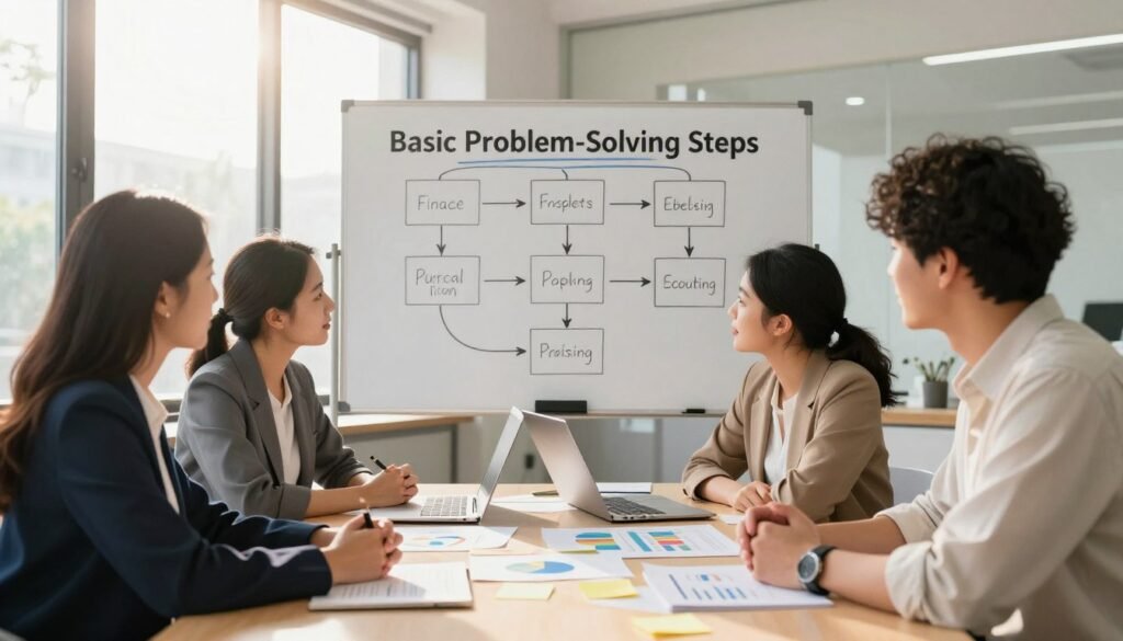 A serene and inspiring workspace scene illustrating the "Basic Problem-Solving Steps." In the foreground, a diverse group of three professionals—two women in smart business attire and one man in a modest casual outfit—gather around a large table covered with charts, diagrams, and sticky notes. They are engaged in collaborative discussions, highlighting teamwork and creativity. The middle ground features a whiteboard filled with a clear step-by-step flowchart outlining problem-solving stages, with arrows connecting each step. In the background, sunlight filters through large windows, casting a warm glow, creating a motivating and positive atmosphere. Capture this scene with a wide-angle lens to highlight collaborative interaction, with soft, natural lighting that promotes a sense of openness and productivity. A serene and inspiring workspace scene illustrating the "Basic Problem-Solving Steps." In the foreground, a diverse group of three professionals—two women in smart business attire and one man in a modest casual outfit—gather around a large table covered with charts, diagrams, and sticky notes. They are engaged in collaborative discussions, highlighting teamwork and creativity. The middle ground features a whiteboard filled with a clear step-by-step flowchart outlining problem-solving stages, with arrows connecting each step. In the background, sunlight filters through large windows, casting a warm glow, creating a motivating and positive atmosphere. Capture this scene with a wide-angle lens to highlight collaborative interaction, with soft, natural lighting that promotes a sense of openness and productivity.