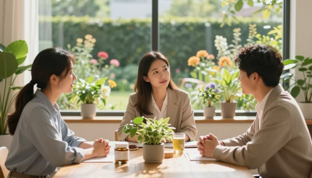 A serene and uplifting scene depicting the psychological and physical impact of daily life improvements. In the foreground, a diverse group of three professionals, dressed in smart casual attire, are engaging in a discussion over a wooden table filled with plants and wellness materials. The middle layer features a tranquil indoor environment with soft, natural sunlight streaming through large windows, casting gentle shadows. In the background, a calming outdoor view showcases a vibrant garden with blooming flowers and greenery, symbolizing growth and positivity. The mood is optimistic and inspiring, with bright colors and harmonious elements promoting a sense of well-being. The composition should be inviting, with a shallow depth of field to focus on the subjects while subtly blurring the background. A serene and uplifting scene depicting the psychological and physical impact of daily life improvements. In the foreground, a diverse group of three professionals, dressed in smart casual attire, are engaging in a discussion over a wooden table filled with plants and wellness materials. The middle layer features a tranquil indoor environment with soft, natural sunlight streaming through large windows, casting gentle shadows. In the background, a calming outdoor view showcases a vibrant garden with blooming flowers and greenery, symbolizing growth and positivity. The mood is optimistic and inspiring, with bright colors and harmonious elements promoting a sense of well-being. The composition should be inviting, with a shallow depth of field to focus on the subjects while subtly blurring the background.