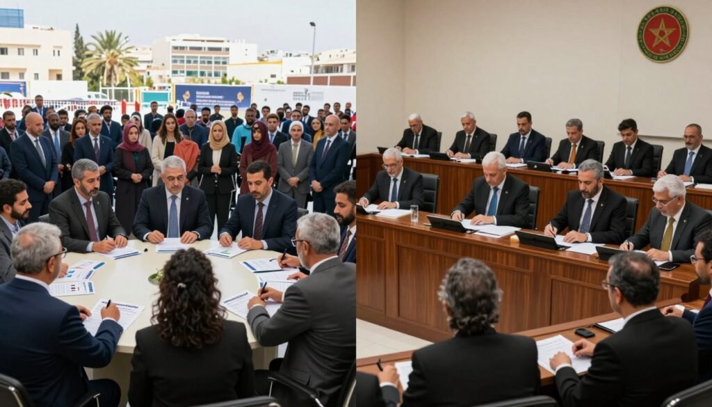 A split composition illustrating a comparison between participatory democracy and representative democracy. In the foreground, two distinct groups: on the left, a diverse group of engaged citizens in professional attire discussing around a circular table, symbolizing participatory democracy with charts and voting materials; on the right, a formal assembly of representatives in a courtroom setting, analyzing documents and addressing an audience, representing representative democracy. The middle ground features a contrasting visual of community engagement versus formal legislative procedures. Bright, natural lighting enhances the atmosphere of openness in the participatory section, while softer, more serious tones dominate the representative side. The background should show urban settings reflecting Morocco, integrating elements that signify civic involvement and governance. Overall, the image should convey a sense of collaboration and contrast between the two democratic approaches. A split composition illustrating a comparison between participatory democracy and representative democracy. In the foreground, two distinct groups: on the left, a diverse group of engaged citizens in professional attire discussing around a circular table, symbolizing participatory democracy with charts and voting materials; on the right, a formal assembly of representatives in a courtroom setting, analyzing documents and addressing an audience, representing representative democracy. The middle ground features a contrasting visual of community engagement versus formal legislative procedures. Bright, natural lighting enhances the atmosphere of openness in the participatory section, while softer, more serious tones dominate the representative side. The background should show urban settings reflecting Morocco, integrating elements that signify civic involvement and governance. Overall, the image should convey a sense of collaboration and contrast between the two democratic approaches.
