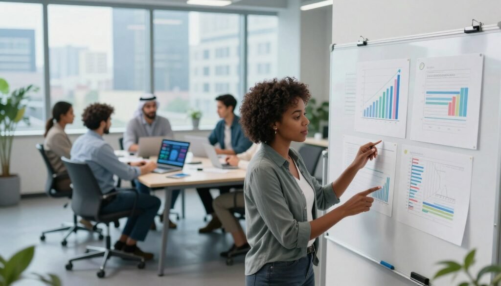 A symbolic illustration of problem-solving and decision-making, featuring a diverse group of professionals in a modern office setting. In the foreground, a Black woman and a Middle-Eastern man are engaged in a brainstorming session, surrounded by charts and graphs on a whiteboard. The middle ground showcases a collaborative round table with laptops open, displaying colorful data visualizations. The background features large windows with a cityscape view, allowing natural light to flood the space. The atmosphere is dynamic and positive, emphasizing teamwork and innovation. Soft blue and green lighting enhances a sense of calm and focus, while a shallow depth of field draws attention to the central figures, creating an inviting and engaging mood. A symbolic illustration of problem-solving and decision-making, featuring a diverse group of professionals in a modern office setting. In the foreground, a Black woman and a Middle-Eastern man are engaged in a brainstorming session, surrounded by charts and graphs on a whiteboard. The middle ground showcases a collaborative round table with laptops open, displaying colorful data visualizations. The background features large windows with a cityscape view, allowing natural light to flood the space. The atmosphere is dynamic and positive, emphasizing teamwork and innovation. Soft blue and green lighting enhances a sense of calm and focus, while a shallow depth of field draws attention to the central figures, creating an inviting and engaging mood.