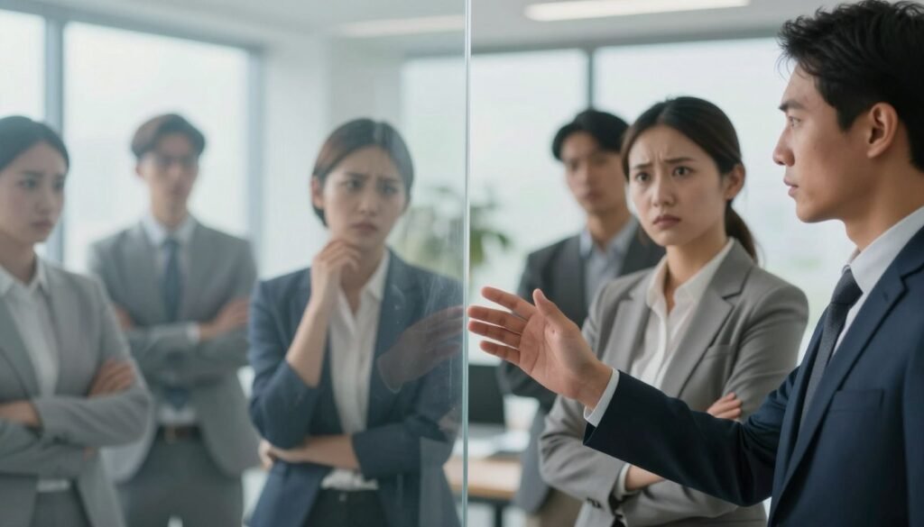 A symbolic representation of barriers to effective communication, featuring a diverse group of individuals positioned in a professional setting, dressed in business attire. In the foreground, a large, semi-transparent wall obstructs their view, symbolizing misunderstandings and misinterpretations. In the middle ground, one person appears confused, while another gestures toward the wall, indicating frustration, with facial expressions conveying concern. The background features a bright office space, with large windows allowing natural light to flood in, contrasting the barrier's opacity. Use a shallow depth of field to emphasize the foreground figures while softly blurring the background, creating an atmosphere of contemplation and urgency. Soft, diffused lighting enhances the mood, highlighting the barrier's significance within the context of communication challenges. A symbolic representation of barriers to effective communication, featuring a diverse group of individuals positioned in a professional setting, dressed in business attire. In the foreground, a large, semi-transparent wall obstructs their view, symbolizing misunderstandings and misinterpretations. In the middle ground, one person appears confused, while another gestures toward the wall, indicating frustration, with facial expressions conveying concern. The background features a bright office space, with large windows allowing natural light to flood in, contrasting the barrier's opacity. Use a shallow depth of field to emphasize the foreground figures while softly blurring the background, creating an atmosphere of contemplation and urgency. Soft, diffused lighting enhances the mood, highlighting the barrier's significance within the context of communication challenges.