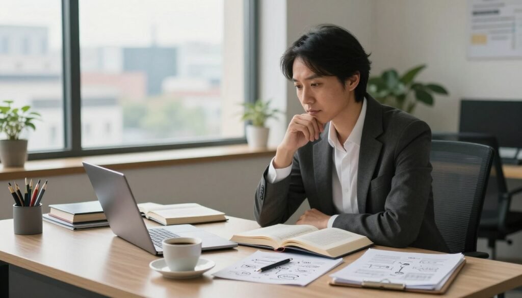 A thoughtful adult in professional attire, seated at a modern desk in a well-lit, organized office space, engaged in deep contemplation while surrounded by open books and a laptop with notes scattered around. The foreground features a cup of coffee and a notepad filled with ideas. In the middle ground, a window shows a serene cityscape, symbolizing the broader world at their fingertips. A soft, warm light filters in, creating a cozy atmosphere that invites focus, with hints of green plants adorning the background, symbolizing growth and clarity in thought. The overall mood is one of inspiration and a pursuit of knowledge, highlighting the journey of developing critical thinking skills. A thoughtful adult in professional attire, seated at a modern desk in a well-lit, organized office space, engaged in deep contemplation while surrounded by open books and a laptop with notes scattered around. The foreground features a cup of coffee and a notepad filled with ideas. In the middle ground, a window shows a serene cityscape, symbolizing the broader world at their fingertips. A soft, warm light filters in, creating a cozy atmosphere that invites focus, with hints of green plants adorning the background, symbolizing growth and clarity in thought. The overall mood is one of inspiration and a pursuit of knowledge, highlighting the journey of developing critical thinking skills.