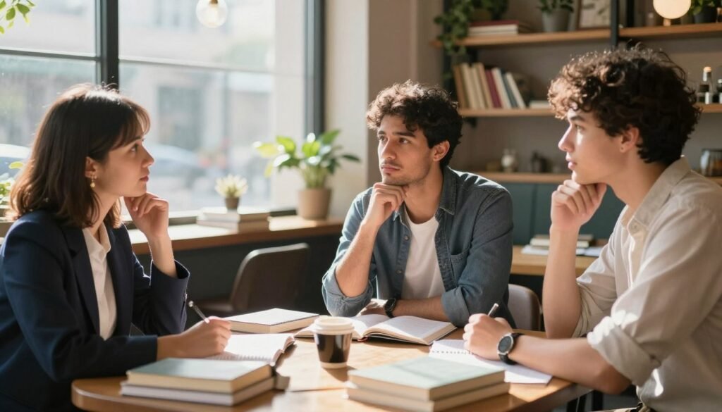 A thoughtful and vibrant depiction of critical thinking in daily life. In the foreground, a diverse group of three people—one woman in professional attire, one man in business casual, and a young adult in modest casual clothing—engaging in a discussion around a table cluttered with books and notebooks. In the middle ground, a large window with sunlight streaming in, casting warm light across the scene, illuminating their focused expressions. In the background, a cozy café setting with shelves of books and plants, creating an inviting atmosphere. The overall mood should convey collaboration, curiosity, and intellectual engagement, showcasing the application of critical thinking in everyday scenarios, like decision-making and problem-solving, set in a realistic and relatable environment. A thoughtful and vibrant depiction of critical thinking in daily life. In the foreground, a diverse group of three people—one woman in professional attire, one man in business casual, and a young adult in modest casual clothing—engaging in a discussion around a table cluttered with books and notebooks. In the middle ground, a large window with sunlight streaming in, casting warm light across the scene, illuminating their focused expressions. In the background, a cozy café setting with shelves of books and plants, creating an inviting atmosphere. The overall mood should convey collaboration, curiosity, and intellectual engagement, showcasing the application of critical thinking in everyday scenarios, like decision-making and problem-solving, set in a realistic and relatable environment.