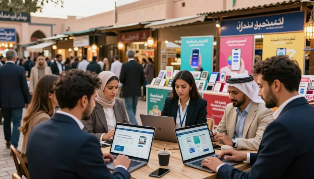 A vibrant Moroccan marketplace bustling with activity, showcasing digital service applications. In the foreground, a group of professionals in smart business attire collaborates around laptops and tablets, displaying various mobile and web applications for digital services. The middle ground features stalls with colorful displays of digital product advertisements, such as e-commerce platforms and mobile payment solutions. In the background, traditional Moroccan architecture blends with modern signage, symbolizing the fusion of culture and technology. Soft, warm lighting casts an inviting glow over the scene, creating a dynamic yet professional atmosphere. The perspective is slightly elevated, capturing the lively essence of the marketplace while emphasizing the significance of digital solutions in business development. A vibrant Moroccan marketplace bustling with activity, showcasing digital service applications. In the foreground, a group of professionals in smart business attire collaborates around laptops and tablets, displaying various mobile and web applications for digital services. The middle ground features stalls with colorful displays of digital product advertisements, such as e-commerce platforms and mobile payment solutions. In the background, traditional Moroccan architecture blends with modern signage, symbolizing the fusion of culture and technology. Soft, warm lighting casts an inviting glow over the scene, creating a dynamic yet professional atmosphere. The perspective is slightly elevated, capturing the lively essence of the marketplace while emphasizing the significance of digital solutions in business development.