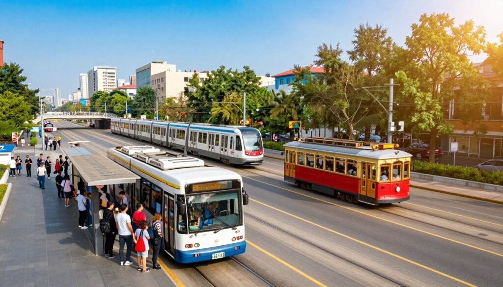 A vibrant and detailed urban scene showcasing various modes of public transit including a city bus, a light rail train, and a street trolley. In the foreground, the city bus is stopped at a busy transit station with passengers boarding and alighting in modest casual clothing. The middle ground features the sleek light rail train gliding along elevated tracks, while the classic street trolley is depicted charmingly traversing tree-lined streets. The background reveals a bustling city skyline under a clear blue sky, with buildings reflecting sunlight. Bright, warm lighting enhances the scene, invoking a lively and approachable atmosphere. Use a wide-angle lens to capture the dynamic interaction among elements, emphasizing the interconnectivity of urban transport systems. Ensure the image is free from any text or watermarks. A vibrant and detailed urban scene showcasing various modes of public transit including a city bus, a light rail train, and a street trolley. In the foreground, the city bus is stopped at a busy transit station with passengers boarding and alighting in modest casual clothing. The middle ground features the sleek light rail train gliding along elevated tracks, while the classic street trolley is depicted charmingly traversing tree-lined streets. The background reveals a bustling city skyline under a clear blue sky, with buildings reflecting sunlight. Bright, warm lighting enhances the scene, invoking a lively and approachable atmosphere. Use a wide-angle lens to capture the dynamic interaction among elements, emphasizing the interconnectivity of urban transport systems. Ensure the image is free from any text or watermarks.