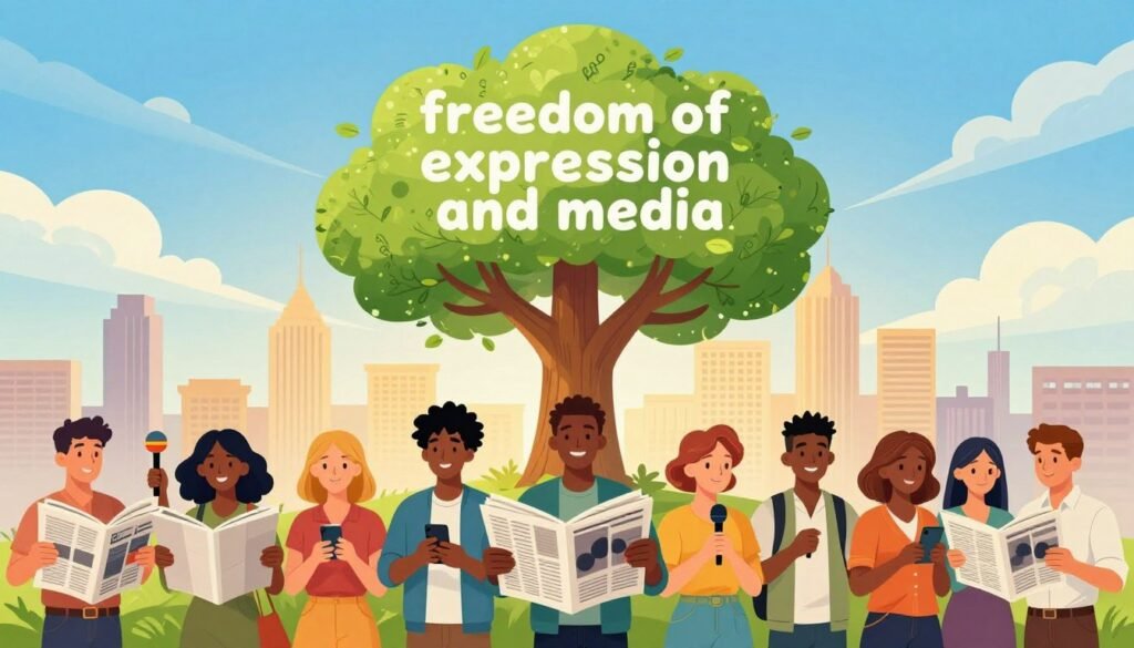 A vibrant and dynamic illustration symbolizing "freedom of expression and media" within a context of liberal democracy. In the foreground, a diverse group of people—of varying ages and ethnicities—hold up newspapers, smartphones, and microphones, representing different media forms. In the middle ground, a large, stylized tree with branches shaped like outstretched hands symbolizes growth and free expression. The background features a city skyline with modern buildings, bathed in warm golden light, creating a hopeful atmosphere. Fluffy clouds in a bright blue sky enhance the sense of openness and freedom. The overall mood is optimistic and inspiring, emphasizing the importance of rights and freedoms in a democratic society. A vibrant and dynamic illustration symbolizing "freedom of expression and media" within a context of liberal democracy. In the foreground, a diverse group of people—of varying ages and ethnicities—hold up newspapers, smartphones, and microphones, representing different media forms. In the middle ground, a large, stylized tree with branches shaped like outstretched hands symbolizes growth and free expression. The background features a city skyline with modern buildings, bathed in warm golden light, creating a hopeful atmosphere. Fluffy clouds in a bright blue sky enhance the sense of openness and freedom. The overall mood is optimistic and inspiring, emphasizing the importance of rights and freedoms in a democratic society.