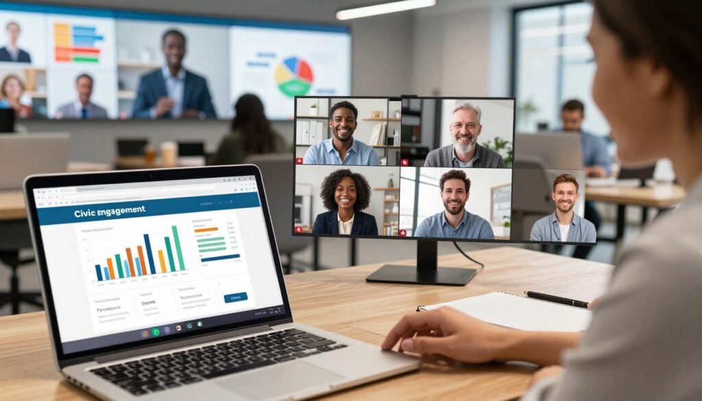 A vibrant and dynamic representation of digital platforms and online participation, featuring a diverse group of individuals engaging in virtual meetings and discussions. In the foreground, showcase a laptop displaying an interactive civic engagement platform, with graphs and charts depicting community feedback. In the middle ground, include people of various ethnic backgrounds in professional and modest casual clothing, actively participating through video calls and online forums. The background should depict a modern urban workspace with digital screens showcasing different community projects and ideas. Use bright, warm lighting to evoke a sense of optimism and collaboration, capturing the spirit of civic engagement through technology, with an angle that conveys depth and interaction among participants. A vibrant and dynamic representation of digital platforms and online participation, featuring a diverse group of individuals engaging in virtual meetings and discussions. In the foreground, showcase a laptop displaying an interactive civic engagement platform, with graphs and charts depicting community feedback. In the middle ground, include people of various ethnic backgrounds in professional and modest casual clothing, actively participating through video calls and online forums. The background should depict a modern urban workspace with digital screens showcasing different community projects and ideas. Use bright, warm lighting to evoke a sense of optimism and collaboration, capturing the spirit of civic engagement through technology, with an angle that conveys depth and interaction among participants.