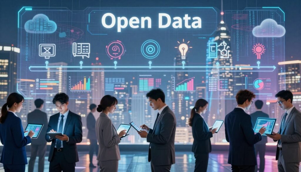 A vibrant and dynamic representation of the evolution and trends in open data usage. In the foreground, a diverse group of professionals in business attire engages with digital tablets and holographic displays showcasing colorful graphs, data streams, and infographics. The middle ground features a large, transparent screen displaying a timeline of key milestones in open data, with icons symbolizing innovation and collaboration. The background includes a city skyline merging with abstract digital elements like binary code and data clouds, symbolizing the integration of open data into urban life. Bright, ambient lighting creates an optimistic atmosphere, emphasizing the transformative power of open data. Use a wide-angle perspective to capture the breadth of the scene, highlighting the interconnectedness of ideas and technology. A vibrant and dynamic representation of the evolution and trends in open data usage. In the foreground, a diverse group of professionals in business attire engages with digital tablets and holographic displays showcasing colorful graphs, data streams, and infographics. The middle ground features a large, transparent screen displaying a timeline of key milestones in open data, with icons symbolizing innovation and collaboration. The background includes a city skyline merging with abstract digital elements like binary code and data clouds, symbolizing the integration of open data into urban life. Bright, ambient lighting creates an optimistic atmosphere, emphasizing the transformative power of open data. Use a wide-angle perspective to capture the breadth of the scene, highlighting the interconnectedness of ideas and technology.