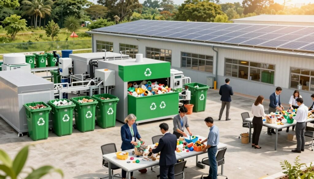 A vibrant and eco-friendly recycling and disposal facility bustling with activity. In the foreground, a diverse group of professionals in smart business attire carefully sorting recyclable materials at a sleek, modern workspace filled with natural light. The middle ground showcases advanced recycling machinery, with bright green waste bins and solar panels on the facility’s roof. In the background, a lush landscape with trees and grass, emphasizing the harmony between nature and technology. The scene is bathed in warm, natural lighting, creating an optimistic and sustainable atmosphere. The angle is slightly elevated, providing a comprehensive view of the facility, highlighting its innovative design and efficiency. A vibrant and eco-friendly recycling and disposal facility bustling with activity. In the foreground, a diverse group of professionals in smart business attire carefully sorting recyclable materials at a sleek, modern workspace filled with natural light. The middle ground showcases advanced recycling machinery, with bright green waste bins and solar panels on the facility’s roof. In the background, a lush landscape with trees and grass, emphasizing the harmony between nature and technology. The scene is bathed in warm, natural lighting, creating an optimistic and sustainable atmosphere. The angle is slightly elevated, providing a comprehensive view of the facility, highlighting its innovative design and efficiency.
