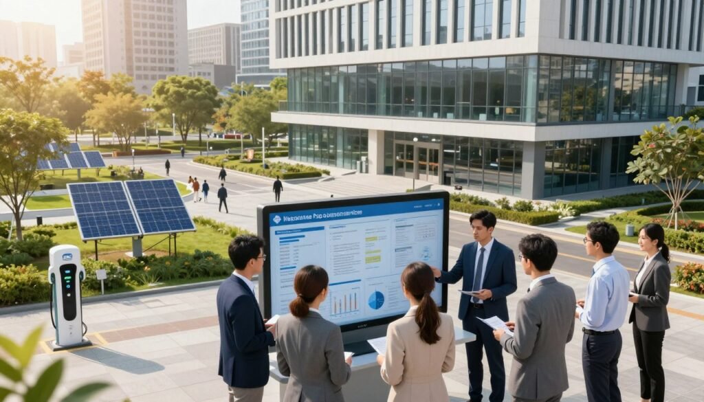 A vibrant and engaging cityscape showcasing a modern public service environment. In the foreground, a diverse group of professional individuals in business attire collaborates around a digital display, analyzing data on improving public services. The middle ground features a sleek, contemporary government building with large glass windows, symbolizing transparency and accessibility. In the background, green parks and well-organized public spaces represent community well-being, enhanced by smart technology like solar panels and electric charging stations. The scene is illuminated by warm afternoon sunlight, creating a friendly and hopeful atmosphere. Use a wide-angle lens to capture a dynamic perspective that emphasizes the interconnectedness of these elements, inspiring a sense of progress and efficiency in public service development. A vibrant and engaging cityscape showcasing a modern public service environment. In the foreground, a diverse group of professional individuals in business attire collaborates around a digital display, analyzing data on improving public services. The middle ground features a sleek, contemporary government building with large glass windows, symbolizing transparency and accessibility. In the background, green parks and well-organized public spaces represent community well-being, enhanced by smart technology like solar panels and electric charging stations. The scene is illuminated by warm afternoon sunlight, creating a friendly and hopeful atmosphere. Use a wide-angle lens to capture a dynamic perspective that emphasizes the interconnectedness of these elements, inspiring a sense of progress and efficiency in public service development.