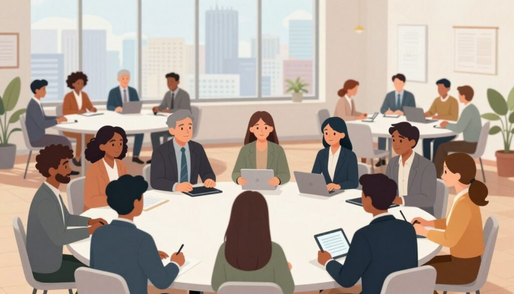 A vibrant and engaging illustration depicting various forms of active participation. In the foreground, a diverse group of individuals, dressed in professional business attire, are actively discussing ideas around a large round table, showcasing collaboration and engagement. In the middle ground, there are visual representations of different methods of participation, such as workshops, community meetings, and digital engagement via tablets and laptops, emphasizing inclusivity. The background features a large window overlooking a cityscape, symbolizing connection to the broader community. Soft, natural lighting fills the scene, creating a warm and inviting atmosphere, with a focus on teamwork and cooperation. The angle is slightly elevated, capturing the essence of collaboration in a dynamic and modern setting. A vibrant and engaging illustration depicting various forms of active participation. In the foreground, a diverse group of individuals, dressed in professional business attire, are actively discussing ideas around a large round table, showcasing collaboration and engagement. In the middle ground, there are visual representations of different methods of participation, such as workshops, community meetings, and digital engagement via tablets and laptops, emphasizing inclusivity. The background features a large window overlooking a cityscape, symbolizing connection to the broader community. Soft, natural lighting fills the scene, creating a warm and inviting atmosphere, with a focus on teamwork and cooperation. The angle is slightly elevated, capturing the essence of collaboration in a dynamic and modern setting.