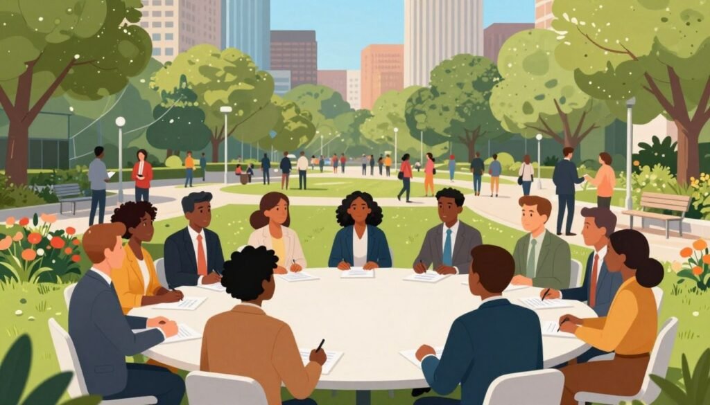 A vibrant and engaging illustration of participatory democracy, featuring a diverse group of people in a modern city park setting. In the foreground, a round table is surrounded by individuals of various cultural backgrounds, all dressed in professional attire, deep in discussion. The middle ground showcases a lively atmosphere with trees, flowers, and people interacting, symbolizing community engagement. In the background, urban buildings and a clear blue sky add to the contemporary feel. The image is brightly lit by natural sunlight, creating a welcoming and collaborative mood. The angle is slightly elevated, capturing the interconnectedness of individuals as they engage in dialogue about their voices being heard in governance, emphasizing the essence of participatory democracy. A vibrant and engaging illustration of participatory democracy, featuring a diverse group of people in a modern city park setting. In the foreground, a round table is surrounded by individuals of various cultural backgrounds, all dressed in professional attire, deep in discussion. The middle ground showcases a lively atmosphere with trees, flowers, and people interacting, symbolizing community engagement. In the background, urban buildings and a clear blue sky add to the contemporary feel. The image is brightly lit by natural sunlight, creating a welcoming and collaborative mood. The angle is slightly elevated, capturing the interconnectedness of individuals as they engage in dialogue about their voices being heard in governance, emphasizing the essence of participatory democracy.