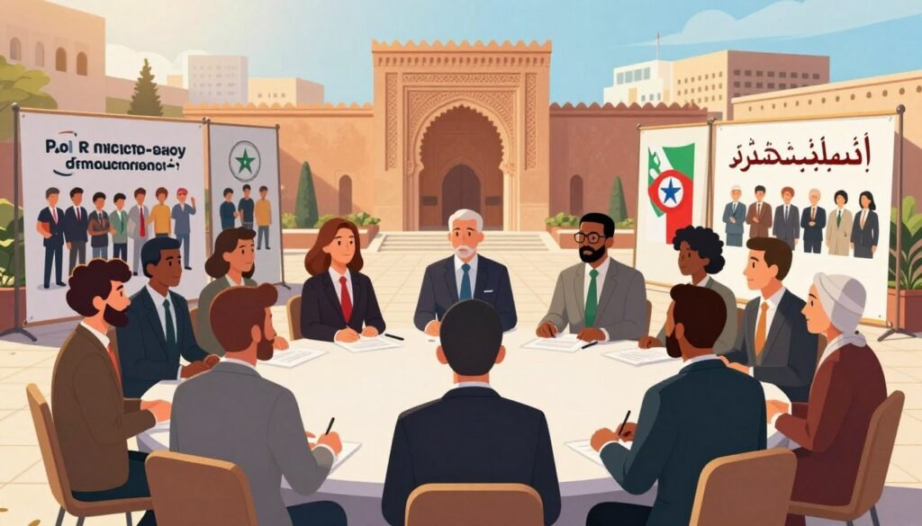 A vibrant and engaging illustration representing challenges of participatory democracy in Morocco. In the foreground, a diverse group of individuals engaged in a collaborative discussion around a round table, depicting representatives from various communities, all dressed in professional business attire. In the middle ground, banners symbolizing civic engagement and human rights, with depictions of peaceful protests and community meetings. The background features iconic Moroccan architecture blending with modern elements to symbolize the interaction between tradition and contemporary challenges. The scene is bathed in warm, inviting sunlight, creating a hopeful atmosphere while hinting at underlying tensions. The mood conveys determination and unity, reflecting the ongoing struggle and opportunities within participatory democracy. The composition is balanced and visually compelling, inviting viewers to contemplate the complexities of the subject. A vibrant and engaging illustration representing challenges of participatory democracy in Morocco. In the foreground, a diverse group of individuals engaged in a collaborative discussion around a round table, depicting representatives from various communities, all dressed in professional business attire. In the middle ground, banners symbolizing civic engagement and human rights, with depictions of peaceful protests and community meetings. The background features iconic Moroccan architecture blending with modern elements to symbolize the interaction between tradition and contemporary challenges. The scene is bathed in warm, inviting sunlight, creating a hopeful atmosphere while hinting at underlying tensions. The mood conveys determination and unity, reflecting the ongoing struggle and opportunities within participatory democracy. The composition is balanced and visually compelling, inviting viewers to contemplate the complexities of the subject.
