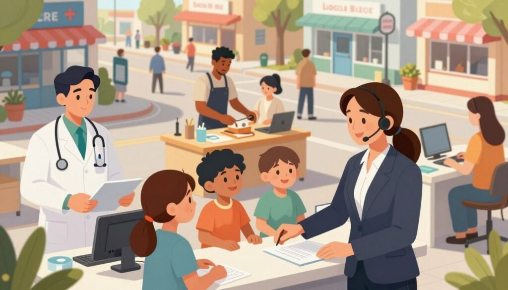A vibrant and engaging illustration showcasing diverse local services across various sectors. In the foreground, depict a friendly professional woman in business attire assisting a family at a service desk, conveying a sense of helpfulness. The middle layer features a variety of service sectors: a healthcare provider with a stethoscope, a craftsman working on a project, and a customer service representative engaging with clients. In the background, represent a bustling community setting with shops and offices, bathed in warm, natural sunlight to create an inviting atmosphere. Use a slightly elevated angle for a dynamic perspective, highlighting the interaction between individuals and businesses, emphasizing community connection and support. The overall mood should be uplifting and encouraging, illustrating the rich tapestry of local services available. A vibrant and engaging illustration showcasing diverse local services across various sectors. In the foreground, depict a friendly professional woman in business attire assisting a family at a service desk, conveying a sense of helpfulness. The middle layer features a variety of service sectors: a healthcare provider with a stethoscope, a craftsman working on a project, and a customer service representative engaging with clients. In the background, represent a bustling community setting with shops and offices, bathed in warm, natural sunlight to create an inviting atmosphere. Use a slightly elevated angle for a dynamic perspective, highlighting the interaction between individuals and businesses, emphasizing community connection and support. The overall mood should be uplifting and encouraging, illustrating the rich tapestry of local services available.