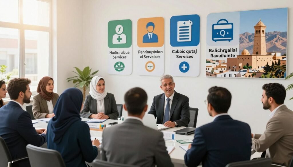 A vibrant and engaging scene depicting the challenges and solutions in public services for citizens in Morocco. In the foreground, a diverse group of people dressed in professional business attire interacts with a public service representative at a bright, welcoming government office. In the middle ground, various icons symbolizing public services, such as healthcare, education, and utility services, are visually represented as opportunities and challenges. The background features an iconic Moroccan landscape, with elements like traditional architecture and mountains, while soft sunlight streams through the windows, creating a warm and optimistic atmosphere. The image has a clear focus on collaboration and community engagement, emphasizing a sense of hope and improvement in public services. A vibrant and engaging scene depicting the challenges and solutions in public services for citizens in Morocco. In the foreground, a diverse group of people dressed in professional business attire interacts with a public service representative at a bright, welcoming government office. In the middle ground, various icons symbolizing public services, such as healthcare, education, and utility services, are visually represented as opportunities and challenges. The background features an iconic Moroccan landscape, with elements like traditional architecture and mountains, while soft sunlight streams through the windows, creating a warm and optimistic atmosphere. The image has a clear focus on collaboration and community engagement, emphasizing a sense of hope and improvement in public services.