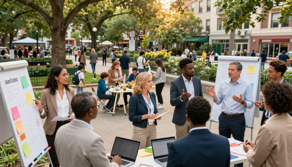 A vibrant and engaging scene illustrating community engagement strategies, set in a busy urban park. In the foreground, a diverse group of people, including men and women of various ethnic backgrounds, dressed in professional business attire, engage in energetic discussions and brainstorming sessions around colorful flip charts and laptops. In the middle ground, small groups of families and individuals are actively participating in workshops and activities, such as art projects or gardening, showcasing collaboration and creativity. The background features lush trees and community buildings, bathed in warm, natural light that evokes a sense of positivity and inclusiveness. The image captures a dynamic atmosphere, emphasizing teamwork, innovation, and the importance of community involvement. A vibrant and engaging scene illustrating community engagement strategies, set in a busy urban park. In the foreground, a diverse group of people, including men and women of various ethnic backgrounds, dressed in professional business attire, engage in energetic discussions and brainstorming sessions around colorful flip charts and laptops. In the middle ground, small groups of families and individuals are actively participating in workshops and activities, such as art projects or gardening, showcasing collaboration and creativity. The background features lush trees and community buildings, bathed in warm, natural light that evokes a sense of positivity and inclusiveness. The image captures a dynamic atmosphere, emphasizing teamwork, innovation, and the importance of community involvement.