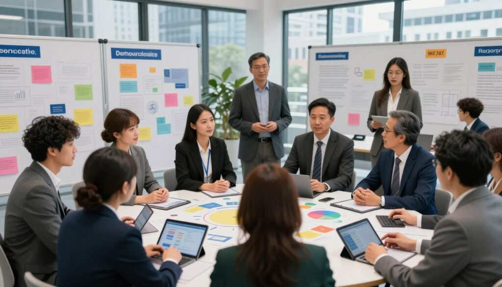 A vibrant and engaging scene illustrating participatory democracy mechanisms, set in a modern urban environment. In the foreground, a diverse group of individuals in professional business attire actively engages in a community meeting, showcasing collaboration and dialogue. They are gathered around a large round table, surrounded by colorful charts and digital tablets displaying information. The middle ground features interactive discussion boards filled with ideas and feedback, while the background reveals a cityscape with civic buildings, symbolizing open governance. Soft, natural lighting from large windows creates an inviting atmosphere, highlighting the importance of community involvement. The angle captures both the participants' expressions of enthusiasm and the sense of collective purpose in democratic engagement. A vibrant and engaging scene illustrating participatory democracy mechanisms, set in a modern urban environment. In the foreground, a diverse group of individuals in professional business attire actively engages in a community meeting, showcasing collaboration and dialogue. They are gathered around a large round table, surrounded by colorful charts and digital tablets displaying information. The middle ground features interactive discussion boards filled with ideas and feedback, while the background reveals a cityscape with civic buildings, symbolizing open governance. Soft, natural lighting from large windows creates an inviting atmosphere, highlighting the importance of community involvement. The angle captures both the participants' expressions of enthusiasm and the sense of collective purpose in democratic engagement.