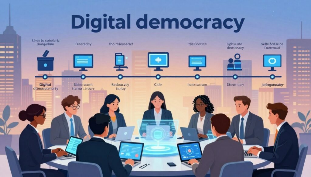 A vibrant and informative illustration depicting the history of digital democracy. In the foreground, a diverse group of professionals in business attire are engaged in a focused discussion around a futuristic table filled with digital devices and holographic displays, symbolizing modern communication. The middle ground features a timeline that visually represents key milestones in digital democracy, with iconic symbols such as a ballot box, computers, and social media platforms. In the background, a cityscape with skyscrapers is illuminated by soft, warm lighting, reflecting a hopeful and progressive atmosphere. The overall scene conveys a sense of collaboration, innovation, and the evolving landscape of democracy in the digital age, with a balanced composition that invites viewers to explore the subject deeply. A vibrant and informative illustration depicting the history of digital democracy. In the foreground, a diverse group of professionals in business attire are engaged in a focused discussion around a futuristic table filled with digital devices and holographic displays, symbolizing modern communication. The middle ground features a timeline that visually represents key milestones in digital democracy, with iconic symbols such as a ballot box, computers, and social media platforms. In the background, a cityscape with skyscrapers is illuminated by soft, warm lighting, reflecting a hopeful and progressive atmosphere. The overall scene conveys a sense of collaboration, innovation, and the evolving landscape of democracy in the digital age, with a balanced composition that invites viewers to explore the subject deeply.