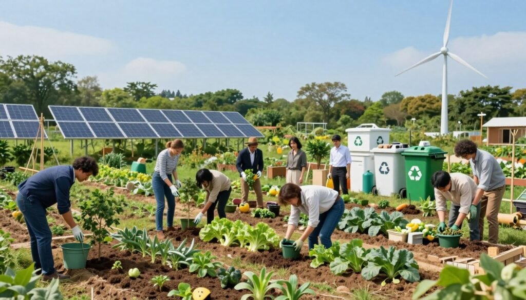 A vibrant and inspiring scene depicting sustainable environmental practices and circular economy principles. In the foreground, a diverse group of people, dressed in professional business attire and modest casual clothing, are actively engaging in a community garden, planting trees and cultivating organic vegetables. In the middle ground, various reusable materials and energy-efficient technologies, such as solar panels, wind turbines, and compost bins, illustrate innovative recycling and upcycling methods. The background features a lush green landscape with a clear blue sky, symbolizing a bright future. Soft, natural lighting enhances the overall atmosphere, creating a sense of hope and community initiative. Capture this scene from a slightly elevated angle to provide a dynamic view, emphasizing collaboration and commitment to a green future. A vibrant and inspiring scene depicting sustainable environmental practices and circular economy principles. In the foreground, a diverse group of people, dressed in professional business attire and modest casual clothing, are actively engaging in a community garden, planting trees and cultivating organic vegetables. In the middle ground, various reusable materials and energy-efficient technologies, such as solar panels, wind turbines, and compost bins, illustrate innovative recycling and upcycling methods. The background features a lush green landscape with a clear blue sky, symbolizing a bright future. Soft, natural lighting enhances the overall atmosphere, creating a sense of hope and community initiative. Capture this scene from a slightly elevated angle to provide a dynamic view, emphasizing collaboration and commitment to a green future.