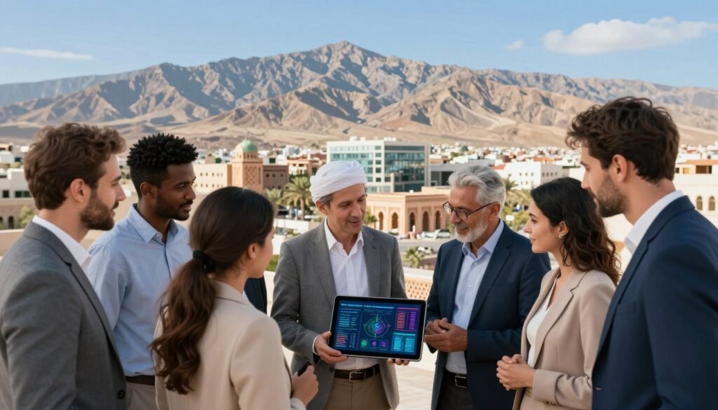 A vibrant and inspiring scene illustrating the opportunities of open data in Morocco. In the foreground, a group of diverse professionals in smart business attire are gathered around a digital tablet displaying colorful data visualizations. They appear engaged and collaborative, excitedly discussing insights. In the middle ground, a modern cityscape of Moroccan architecture, featuring traditional motifs blended with contemporary buildings, is visible. The background showcases the Atlas Mountains under a bright blue sky, symbolizing growth and innovation. Soft, natural lighting enhances the scene, casting gentle shadows for dimension. The mood is optimistic and forward-thinking, capturing the essence of data-driven progress in a culturally rich setting. A vibrant and inspiring scene illustrating the opportunities of open data in Morocco. In the foreground, a group of diverse professionals in smart business attire are gathered around a digital tablet displaying colorful data visualizations. They appear engaged and collaborative, excitedly discussing insights. In the middle ground, a modern cityscape of Moroccan architecture, featuring traditional motifs blended with contemporary buildings, is visible. The background showcases the Atlas Mountains under a bright blue sky, symbolizing growth and innovation. Soft, natural lighting enhances the scene, casting gentle shadows for dimension. The mood is optimistic and forward-thinking, capturing the essence of data-driven progress in a culturally rich setting.
