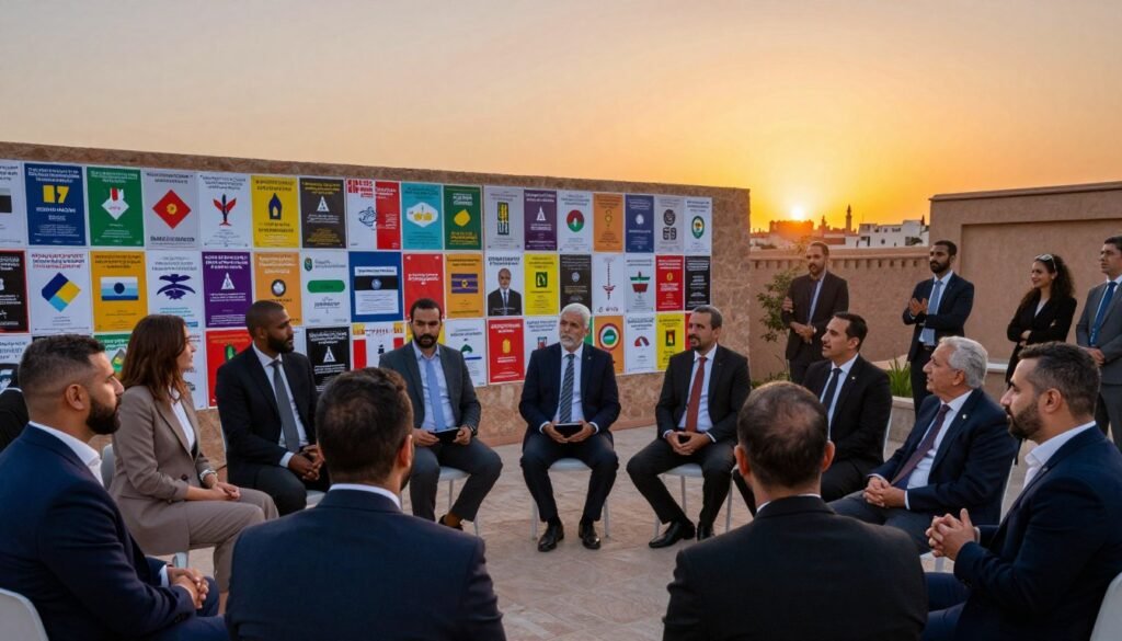 A vibrant and thought-provoking scene depicting the theme of "challenges and opportunities of participatory democracy" in Morocco. In the foreground, diverse individuals engaged in a community meeting, dressed in professional business attire, discussing ideas passionately. In the middle ground, a large wall covered with colorful posters symbolizing democratic values, unity, and collaboration. The background features a sunset over a Moroccan skyline, reflecting hope and possibility. Use warm lighting to create an inviting atmosphere, highlighting the faces of the participants. The composition should be wide-angled, showcasing the dynamic interaction and engagement among individuals while emphasizing the motifs of democracy and community empowerment. A vibrant and thought-provoking scene depicting the theme of "challenges and opportunities of participatory democracy" in Morocco. In the foreground, diverse individuals engaged in a community meeting, dressed in professional business attire, discussing ideas passionately. In the middle ground, a large wall covered with colorful posters symbolizing democratic values, unity, and collaboration. The background features a sunset over a Moroccan skyline, reflecting hope and possibility. Use warm lighting to create an inviting atmosphere, highlighting the faces of the participants. The composition should be wide-angled, showcasing the dynamic interaction and engagement among individuals while emphasizing the motifs of democracy and community empowerment.