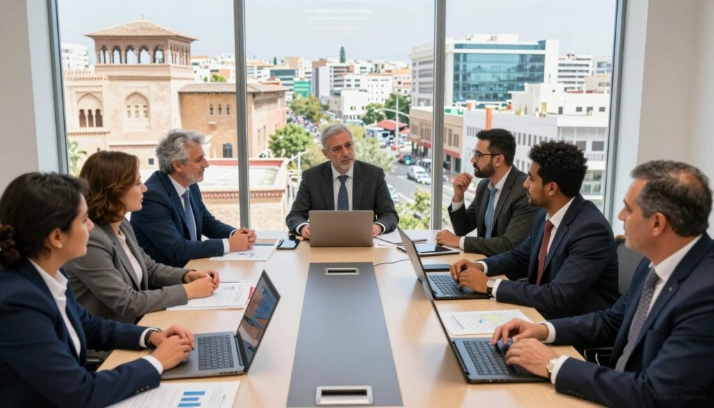 A vibrant city council meeting scene depicting local governance in action. In the foreground, a group of diverse professionals in business attire are gathered around a large, modern conference table, engaged in animated discussion. Rich detail shows individuals of various ages and ethnic backgrounds, with papers and laptops open, presenting ideas visually through charts and maps. The middle ground features a large glass window, allowing natural light to flood the room, highlighting the importance of transparency in governance. In the background, a cityscape is visible, blending traditional Moroccan architecture with contemporary buildings, symbolizing the harmony between heritage and modernity. The atmosphere is collaborative and dynamic, reflecting the spirit of participatory democracy in local governance. A vibrant city council meeting scene depicting local governance in action. In the foreground, a group of diverse professionals in business attire are gathered around a large, modern conference table, engaged in animated discussion. Rich detail shows individuals of various ages and ethnic backgrounds, with papers and laptops open, presenting ideas visually through charts and maps. The middle ground features a large glass window, allowing natural light to flood the room, highlighting the importance of transparency in governance. In the background, a cityscape is visible, blending traditional Moroccan architecture with contemporary buildings, symbolizing the harmony between heritage and modernity. The atmosphere is collaborative and dynamic, reflecting the spirit of participatory democracy in local governance.