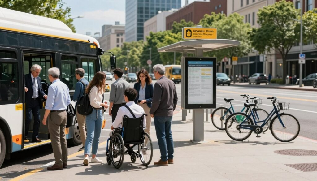 A vibrant city street scene showcasing safe and accessible public transit travel. In the foreground, a diverse group of individuals dressed in professional business attire and modest casual clothing, including a person in a wheelchair, are boarding a modern bus equipped with ramps. In the middle ground, a well-maintained bus stop with clear signage and informational screens provides transit schedules. Nearby, a bike rack holds several bicycles, promoting eco-friendly travel options. The background features a sunny urban landscape with tall buildings, trees, and a blue sky, creating a welcoming atmosphere. The lighting is bright and natural, evoking a sense of safety and accessibility, captured from a slightly elevated angle to provide a comprehensive view of the scene. A vibrant city street scene showcasing safe and accessible public transit travel. In the foreground, a diverse group of individuals dressed in professional business attire and modest casual clothing, including a person in a wheelchair, are boarding a modern bus equipped with ramps. In the middle ground, a well-maintained bus stop with clear signage and informational screens provides transit schedules. Nearby, a bike rack holds several bicycles, promoting eco-friendly travel options. The background features a sunny urban landscape with tall buildings, trees, and a blue sky, creating a welcoming atmosphere. The lighting is bright and natural, evoking a sense of safety and accessibility, captured from a slightly elevated angle to provide a comprehensive view of the scene.