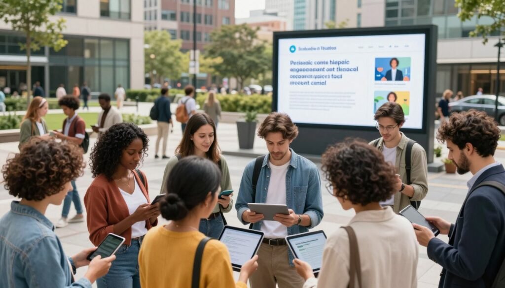 A vibrant cityscape showcasing a diverse group of engaged citizens using technology to participate in civic activities. In the foreground, a multi-ethnic group of individuals dressed in smart casual attire gather around tablets and smartphones, actively discussing and sharing ideas. The middle ground features a large digital screen displaying civic engagement initiatives, while others use laptops to connect remotely. In the background, modern buildings and green spaces create a lively urban atmosphere, with trees and parks inviting community interaction. Soft, natural lighting filters through the scene, creating an inviting and hopeful mood. The angle is slightly elevated to capture the energy and connectivity among the participants, emphasizing inclusivity and technological empowerment in civic action. A vibrant cityscape showcasing a diverse group of engaged citizens using technology to participate in civic activities. In the foreground, a multi-ethnic group of individuals dressed in smart casual attire gather around tablets and smartphones, actively discussing and sharing ideas. The middle ground features a large digital screen displaying civic engagement initiatives, while others use laptops to connect remotely. In the background, modern buildings and green spaces create a lively urban atmosphere, with trees and parks inviting community interaction. Soft, natural lighting filters through the scene, creating an inviting and hopeful mood. The angle is slightly elevated to capture the energy and connectivity among the participants, emphasizing inclusivity and technological empowerment in civic action.