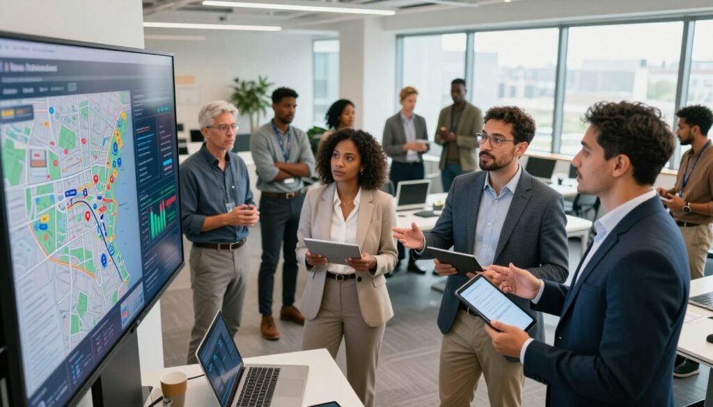 A vibrant civic tech scene in the United States, showcasing a diverse group of individuals collaborating around a large digital display featuring data visualizations and interactive maps. In the foreground, two professionals in business attire are engaged in a brainstorming session, holding digital tablets and gesturing towards the screen. In the middle, a diverse team of community members, including people of different ages and backgrounds, contribute ideas and share insights, surrounded by various tech elements like laptops and smart devices. The background features a modern office space with large windows, allowing natural light to flood in, creating an inviting and innovative atmosphere. The overall mood is one of collaboration, empowerment, and forward-thinking, emphasizing the importance of technology in civic engagement. Use a wide-angle lens to capture the entire dynamic scene. A vibrant civic tech scene in the United States, showcasing a diverse group of individuals collaborating around a large digital display featuring data visualizations and interactive maps. In the foreground, two professionals in business attire are engaged in a brainstorming session, holding digital tablets and gesturing towards the screen. In the middle, a diverse team of community members, including people of different ages and backgrounds, contribute ideas and share insights, surrounded by various tech elements like laptops and smart devices. The background features a modern office space with large windows, allowing natural light to flood in, creating an inviting and innovative atmosphere. The overall mood is one of collaboration, empowerment, and forward-thinking, emphasizing the importance of technology in civic engagement. Use a wide-angle lens to capture the entire dynamic scene.
