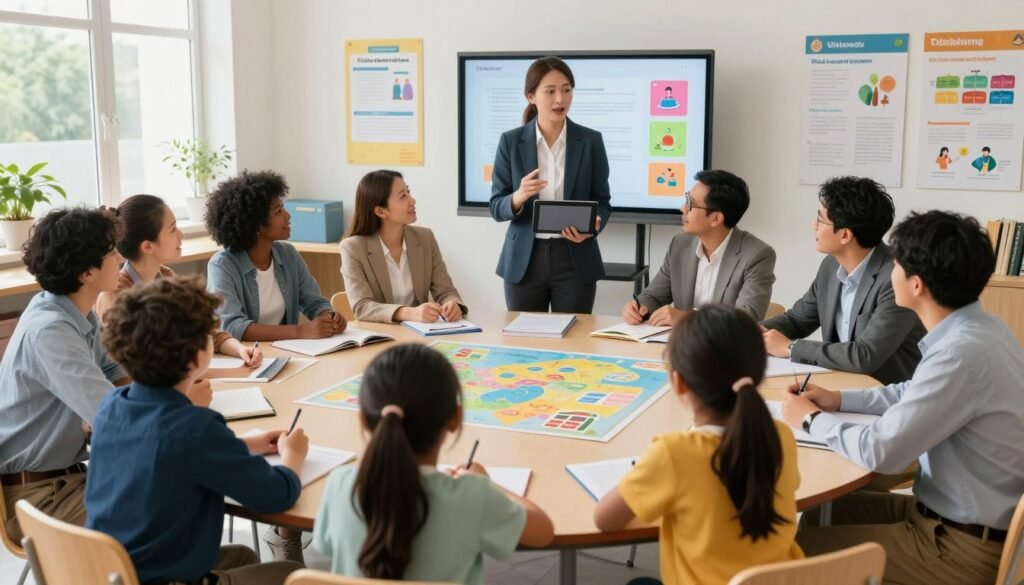 A vibrant classroom scene depicting a dynamic citizenship education curriculum in action. In the foreground, a diverse group of engaged adults and children, dressed in professional business attire and modest casual clothing, collaborate around a large circular table filled with educational materials like books, charts, and maps. In the middle ground, a knowledgeable instructor facilitates the discussion with a digital tablet, gesturing towards a colorful presentation on a screen behind them. The background features a bright, well-lit classroom with educational posters about citizenship values and community engagement. Soft, natural light streams in through large windows, creating an inviting and inspiring atmosphere. The overall mood is one of empowerment, collaboration, and enthusiasm for active citizenship. A vibrant classroom scene depicting a dynamic citizenship education curriculum in action. In the foreground, a diverse group of engaged adults and children, dressed in professional business attire and modest casual clothing, collaborate around a large circular table filled with educational materials like books, charts, and maps. In the middle ground, a knowledgeable instructor facilitates the discussion with a digital tablet, gesturing towards a colorful presentation on a screen behind them. The background features a bright, well-lit classroom with educational posters about citizenship values and community engagement. Soft, natural light streams in through large windows, creating an inviting and inspiring atmosphere. The overall mood is one of empowerment, collaboration, and enthusiasm for active citizenship.