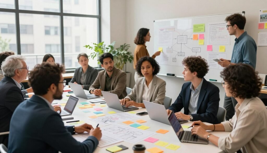 A vibrant, collaborative scene depicting diverse citizens actively engaging in a community innovation workshop. In the foreground, groups of individuals of various ethnicities and ages, dressed in professional business attire and modest casual clothing, are brainstorming around tables cluttered with colorful sticky notes, blueprints, and digital devices. In the middle ground, a large whiteboard filled with diagrams and ideas showcases the flow of creativity. In the background, a bright, welcoming city hall space with large windows allowing natural light to flood the room, casting soft shadows. The atmosphere is dynamic and optimistic, reflecting a sense of community empowerment and innovative spirit. The angle captures the energy of collaboration, emphasizing interaction and creativity without any distracting elements like text or watermarks. A vibrant, collaborative scene depicting diverse citizens actively engaging in a community innovation workshop. In the foreground, groups of individuals of various ethnicities and ages, dressed in professional business attire and modest casual clothing, are brainstorming around tables cluttered with colorful sticky notes, blueprints, and digital devices. In the middle ground, a large whiteboard filled with diagrams and ideas showcases the flow of creativity. In the background, a bright, welcoming city hall space with large windows allowing natural light to flood the room, casting soft shadows. The atmosphere is dynamic and optimistic, reflecting a sense of community empowerment and innovative spirit. The angle captures the energy of collaboration, emphasizing interaction and creativity without any distracting elements like text or watermarks.