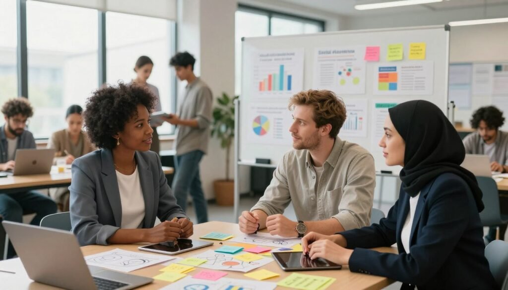 A vibrant collaborative workspace filled with diverse professionals engaged in social innovation practices. In the foreground, a group of three individuals—a Black woman in professional attire, a Caucasian man in a modest casual shirt, and a Middle-Eastern woman wearing a smart blazer—are discussing ideas around a table cluttered with colorful post-it notes, sketches, and digital tablets. In the middle ground, a large whiteboard displays charts and infographics related to social challenges being addressed. The background features large windows that let in soft, natural light, creating an inviting atmosphere. The overall mood is positive and dynamic, capturing the essence of teamwork and innovation in addressing social issues. The scene is shot from a slight angle to create depth, emphasizing collaboration and creativity. A vibrant collaborative workspace filled with diverse professionals engaged in social innovation practices. In the foreground, a group of three individuals—a Black woman in professional attire, a Caucasian man in a modest casual shirt, and a Middle-Eastern woman wearing a smart blazer—are discussing ideas around a table cluttered with colorful post-it notes, sketches, and digital tablets. In the middle ground, a large whiteboard displays charts and infographics related to social challenges being addressed. The background features large windows that let in soft, natural light, creating an inviting atmosphere. The overall mood is positive and dynamic, capturing the essence of teamwork and innovation in addressing social issues. The scene is shot from a slight angle to create depth, emphasizing collaboration and creativity.