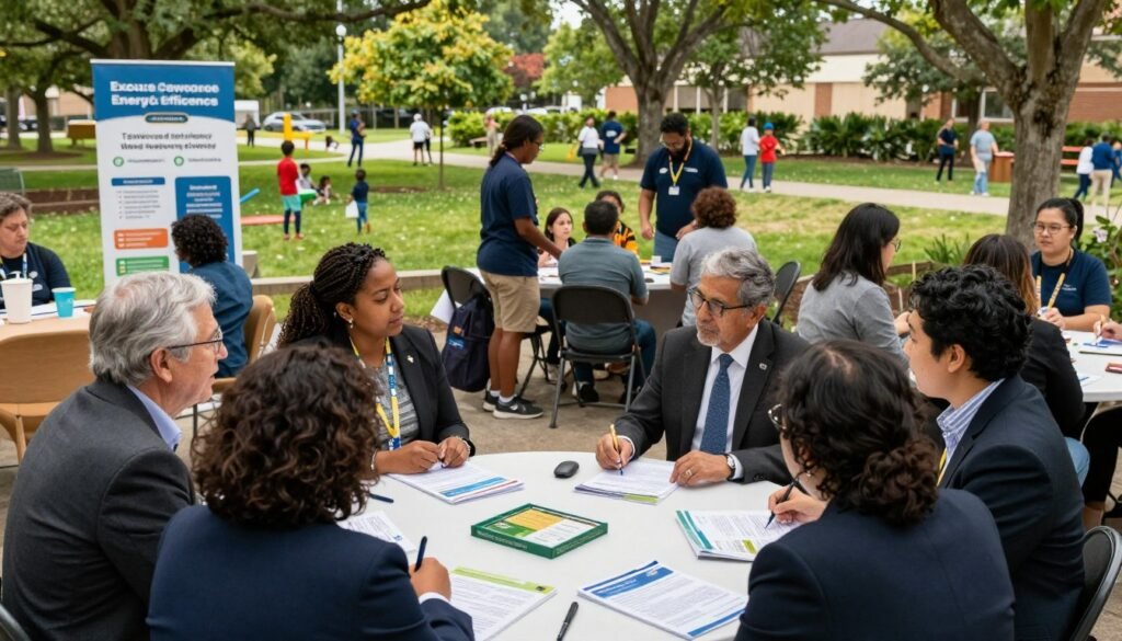 A vibrant community center bustling with activity, showcasing a variety of utility and community programs in action. In the foreground, diverse individuals, dressed in professional business attire, engage in discussions around a table with informational brochures and tools for local initiatives. The middle ground features a pop-up booth displaying resources on energy efficiency and waste reduction, while volunteers assist families. The background reveals a lush park setting with children playing and community members participating in workshops. Soft, natural lighting filters through trees, creating a warm and welcoming atmosphere that reflects collaboration and support among community members. The composition is captured with a wide-angle lens to convey a sense of inclusivity and engagement in communal activities. A vibrant community center bustling with activity, showcasing a variety of utility and community programs in action. In the foreground, diverse individuals, dressed in professional business attire, engage in discussions around a table with informational brochures and tools for local initiatives. The middle ground features a pop-up booth displaying resources on energy efficiency and waste reduction, while volunteers assist families. The background reveals a lush park setting with children playing and community members participating in workshops. Soft, natural lighting filters through trees, creating a warm and welcoming atmosphere that reflects collaboration and support among community members. The composition is captured with a wide-angle lens to convey a sense of inclusivity and engagement in communal activities.