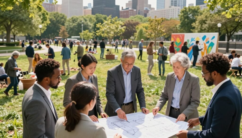 A vibrant community development scene depicting a diverse group of professionals collaborating in a sunlit urban park. In the foreground, a multiracial group of individuals in business attire is engaged in discussion, examining blueprints and plans on a table. The middle ground features a community gathering with people of various ages and backgrounds participating in activities such as planting trees and painting murals, symbolizing collaboration and shared goals. The background showcases a city skyline with green spaces, emphasizing a harmonious blend of urban life and nature. Soft, warm lighting creates an inviting atmosphere, highlighting the sense of teamwork and progress. The image should convey an inspiring message of unity, growth, and collective effort in community development, captured with a slight overhead angle to encompass the entire scene. A vibrant community development scene depicting a diverse group of professionals collaborating in a sunlit urban park. In the foreground, a multiracial group of individuals in business attire is engaged in discussion, examining blueprints and plans on a table. The middle ground features a community gathering with people of various ages and backgrounds participating in activities such as planting trees and painting murals, symbolizing collaboration and shared goals. The background showcases a city skyline with green spaces, emphasizing a harmonious blend of urban life and nature. Soft, warm lighting creates an inviting atmosphere, highlighting the sense of teamwork and progress. The image should convey an inspiring message of unity, growth, and collective effort in community development, captured with a slight overhead angle to encompass the entire scene.