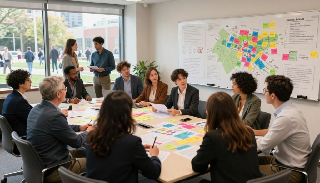 A vibrant community engagement planning scene set in a spacious, well-lit conference room. In the foreground, a diverse group of professionals, dressed in smart casual attire, collaborate around a large table strewn with colorful charts and sticky notes. The middle ground features a large whiteboard filled with brainstorming ideas and community maps, showcasing various civic projects. In the background, large windows allow natural light to flood in, revealing a glimpse of a bustling urban landscape with people interacting in a park. The atmosphere is dynamic and inspiring, conveying a sense of teamwork and innovation, with warm lighting enhancing the inviting mood of collaboration and empowerment. The angle captures both the engaged participants and their environment, highlighting the importance of community-driven solutions. A vibrant community engagement planning scene set in a spacious, well-lit conference room. In the foreground, a diverse group of professionals, dressed in smart casual attire, collaborate around a large table strewn with colorful charts and sticky notes. The middle ground features a large whiteboard filled with brainstorming ideas and community maps, showcasing various civic projects. In the background, large windows allow natural light to flood in, revealing a glimpse of a bustling urban landscape with people interacting in a park. The atmosphere is dynamic and inspiring, conveying a sense of teamwork and innovation, with warm lighting enhancing the inviting mood of collaboration and empowerment. The angle captures both the engaged participants and their environment, highlighting the importance of community-driven solutions.