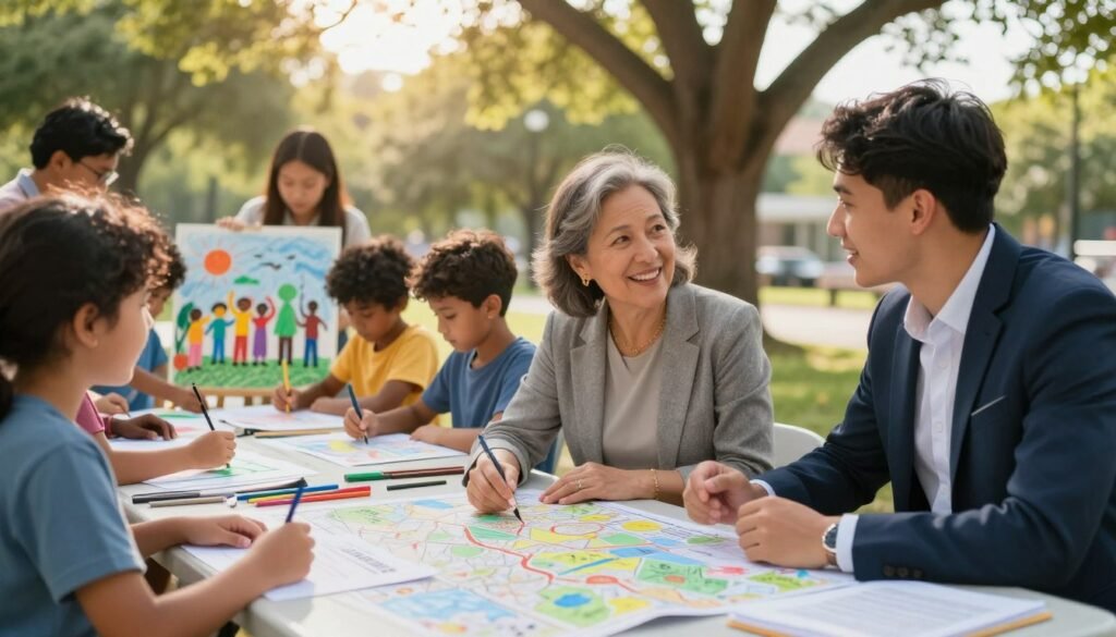 A vibrant community engagement scene depicting a diverse group of individuals in a park setting, working together around a large table filled with maps, documents, and art supplies. In the foreground, a middle-aged woman in a smart casual outfit is discussing ideas with a young man in professional attire, both smiling and animated. In the middle ground, children are drawing murals illustrating community visions, showcasing unity and creativity. The background features trees and a sunny sky, enhancing a warm, inviting atmosphere. Soft, natural lighting adds a hopeful glow, and people of various ages and ethnicities contribute to their environment, symbolizing trust and collaborative spirit. The overall mood is optimistic and harmonious, capturing the essence of community participation and informed policy-making. A vibrant community engagement scene depicting a diverse group of individuals in a park setting, working together around a large table filled with maps, documents, and art supplies. In the foreground, a middle-aged woman in a smart casual outfit is discussing ideas with a young man in professional attire, both smiling and animated. In the middle ground, children are drawing murals illustrating community visions, showcasing unity and creativity. The background features trees and a sunny sky, enhancing a warm, inviting atmosphere. Soft, natural lighting adds a hopeful glow, and people of various ages and ethnicities contribute to their environment, symbolizing trust and collaborative spirit. The overall mood is optimistic and harmonious, capturing the essence of community participation and informed policy-making.