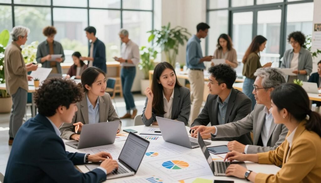 A vibrant community engagement scene depicting diverse professionals collaborating on innovative social projects. In the foreground, a mixed group of men and women, dressed in professional business attire, are gathered around a table filled with blueprints, laptops, and colorful charts. They exhibit a sense of enthusiasm and teamwork, animatedly discussing ideas. The middle ground features a bright, open community center space filled with plants and large windows, allowing natural light to flood in, enhancing the positive atmosphere. In the background, people of various ages and backgrounds can be seen interacting and participating in different projects, symbolizing active community involvement. The overall mood is inspiring and dynamic, emphasizing unity and collaboration, with warm lighting creating an inviting environment. A vibrant community engagement scene depicting diverse professionals collaborating on innovative social projects. In the foreground, a mixed group of men and women, dressed in professional business attire, are gathered around a table filled with blueprints, laptops, and colorful charts. They exhibit a sense of enthusiasm and teamwork, animatedly discussing ideas. The middle ground features a bright, open community center space filled with plants and large windows, allowing natural light to flood in, enhancing the positive atmosphere. In the background, people of various ages and backgrounds can be seen interacting and participating in different projects, symbolizing active community involvement. The overall mood is inspiring and dynamic, emphasizing unity and collaboration, with warm lighting creating an inviting environment.