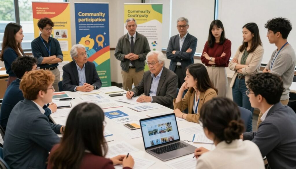 A vibrant community engagement scene illustrating the factors influencing community participation. In the foreground, diverse individuals in professional and modest casual attire actively discuss and brainstorm ideas around a large table filled with papers and a laptop displaying community projects. The middle ground features representatives from various backgrounds, such as young professionals, elder citizens, and students, exchanging thoughts and sharing stories. The background showcases a community center with banners promoting civic engagement and volunteer programs. Soft natural lighting fills the space, emphasizing a warm and inviting atmosphere. The composition should capture a sense of collaboration, empowerment, and inclusiveness, framed from a slightly elevated angle to highlight the interaction. A vibrant community engagement scene illustrating the factors influencing community participation. In the foreground, diverse individuals in professional and modest casual attire actively discuss and brainstorm ideas around a large table filled with papers and a laptop displaying community projects. The middle ground features representatives from various backgrounds, such as young professionals, elder citizens, and students, exchanging thoughts and sharing stories. The background showcases a community center with banners promoting civic engagement and volunteer programs. Soft natural lighting fills the space, emphasizing a warm and inviting atmosphere. The composition should capture a sense of collaboration, empowerment, and inclusiveness, framed from a slightly elevated angle to highlight the interaction.
