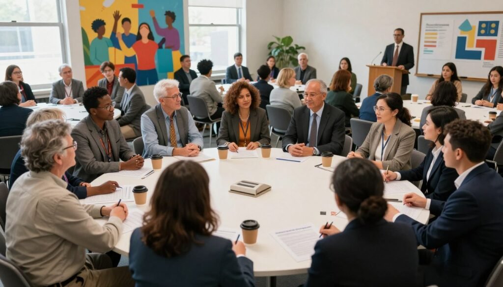 A vibrant community gathering depicting the concept of participatory democracy, featuring a diverse group of people engaged in discussion and collaboration. In the foreground, a group of individuals, including men and women of various ages and ethnicities, clad in professional and modest attire, sit around a large circular table filled with papers, pens, and coffee cups. The middle ground shows a small crowd listening attentively to a speaker at a podium, representing democratic participation. In the background, a colorful mural illustrating civic engagement and teamwork enhances the setting. The atmosphere is warm and inviting, with soft natural lighting pouring in through large windows. The angle is slightly elevated, providing a comprehensive view of the interaction, emphasizing unity and collaboration within local communities. A vibrant community gathering depicting the concept of participatory democracy, featuring a diverse group of people engaged in discussion and collaboration. In the foreground, a group of individuals, including men and women of various ages and ethnicities, clad in professional and modest attire, sit around a large circular table filled with papers, pens, and coffee cups. The middle ground shows a small crowd listening attentively to a speaker at a podium, representing democratic participation. In the background, a colorful mural illustrating civic engagement and teamwork enhances the setting. The atmosphere is warm and inviting, with soft natural lighting pouring in through large windows. The angle is slightly elevated, providing a comprehensive view of the interaction, emphasizing unity and collaboration within local communities.