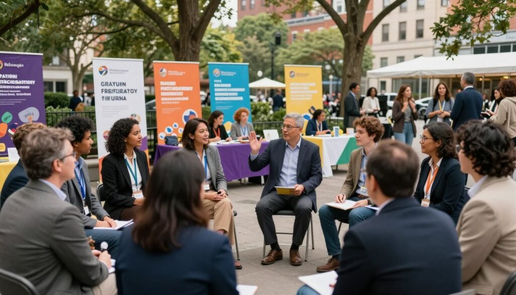 A vibrant community gathering focused on participatory democracy. In the foreground, a diverse group of individuals in professional business attire are engaged in discussion, with one person gesturing enthusiastically to share ideas. In the middle ground, various colorful banners symbolizing unity and collaboration are displayed, while tables are set up for collaborative activities. The background features an urban park setting with trees and people interacting joyfully, creating an atmosphere of inclusiveness and engagement. Soft, natural lighting casts a warm glow over the scene, enhancing the sense of positivity and hope. The angle is slightly elevated to capture the dynamics of the gathering, promoting a feeling of togetherness and active participation. A vibrant community gathering focused on participatory democracy. In the foreground, a diverse group of individuals in professional business attire are engaged in discussion, with one person gesturing enthusiastically to share ideas. In the middle ground, various colorful banners symbolizing unity and collaboration are displayed, while tables are set up for collaborative activities. The background features an urban park setting with trees and people interacting joyfully, creating an atmosphere of inclusiveness and engagement. Soft, natural lighting casts a warm glow over the scene, enhancing the sense of positivity and hope. The angle is slightly elevated to capture the dynamics of the gathering, promoting a feeling of togetherness and active participation.