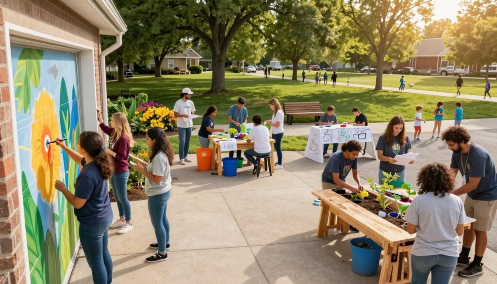 A vibrant community gathering illustrating creative community service ideas for neighborhood transformation. In the foreground, a group of diverse individuals, dressed in casual team t-shirts, are collaboratively painting a colorful mural on a garage door. In the middle ground, several small project stations feature volunteers sketching garden layouts, assembling benches from reclaimed wood, and holding a workshop on urban gardening. The background shows a lively park with green trees, bright flowers, and children playing. A warm, golden sunlight bathes the scene, casting gentle shadows and enhancing the inviting and uplifting atmosphere. Use a wide-angle lens to capture the entire scene, accentuating the sense of community and active participation. The overall mood is joyful, creative, and inspiring. A vibrant community gathering illustrating creative community service ideas for neighborhood transformation. In the foreground, a group of diverse individuals, dressed in casual team t-shirts, are collaboratively painting a colorful mural on a garage door. In the middle ground, several small project stations feature volunteers sketching garden layouts, assembling benches from reclaimed wood, and holding a workshop on urban gardening. The background shows a lively park with green trees, bright flowers, and children playing. A warm, golden sunlight bathes the scene, casting gentle shadows and enhancing the inviting and uplifting atmosphere. Use a wide-angle lens to capture the entire scene, accentuating the sense of community and active participation. The overall mood is joyful, creative, and inspiring.